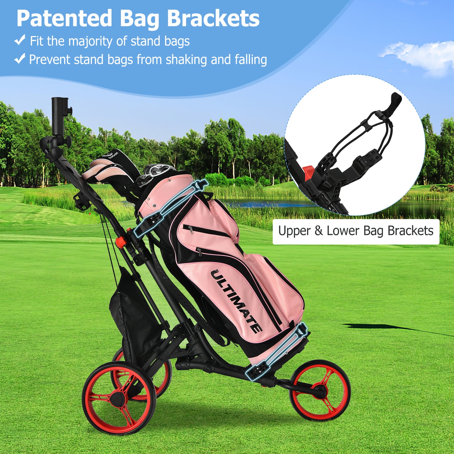 Folding 3 Wheels Golf Push Cart with Bag Scoreboard Adjustable Handle-Red Kids Crystal