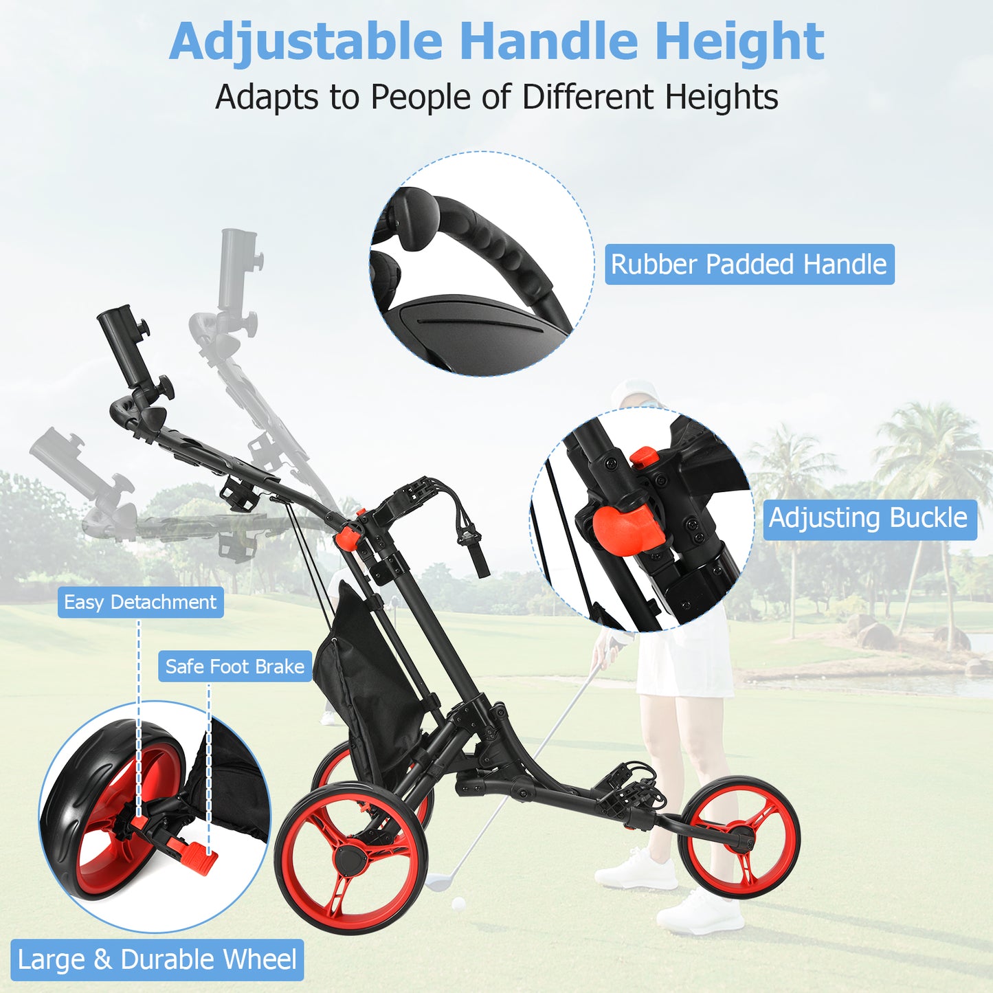 Folding 3 Wheels Golf Push Cart with Bag Scoreboard Adjustable Handle-Red Kids Crystal