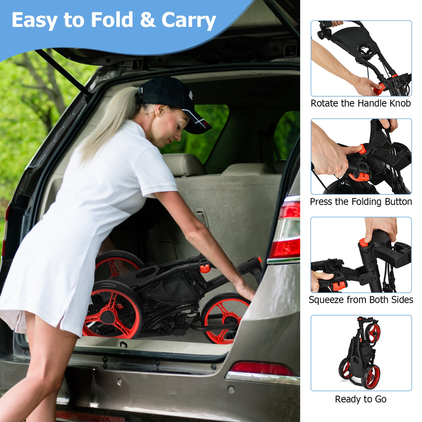Folding 3 Wheels Golf Push Cart with Bag Scoreboard Adjustable Handle-Red Kids Crystal