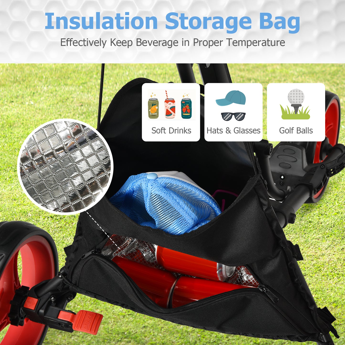 Folding 3 Wheels Golf Push Cart with Bag Scoreboard Adjustable Handle-Red Kids Crystal