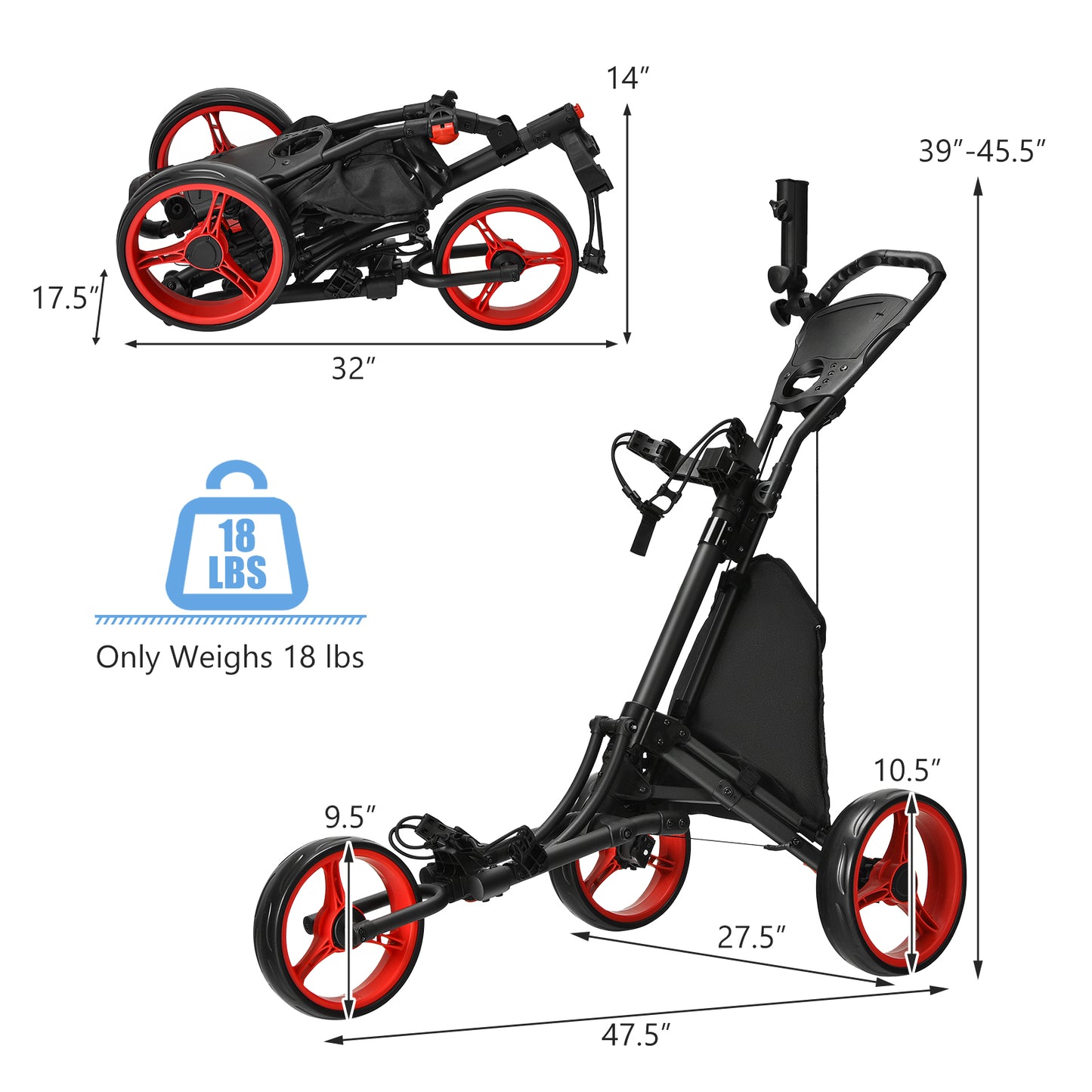Folding 3 Wheels Golf Push Cart with Bag Scoreboard Adjustable Handle-Red Kids Crystal