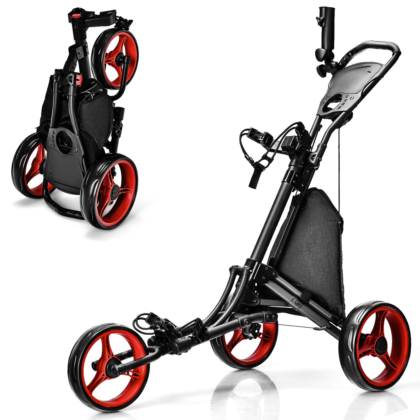 Folding 3 Wheels Golf Push Cart with Bag Scoreboard Adjustable Handle-Red Kids Crystal