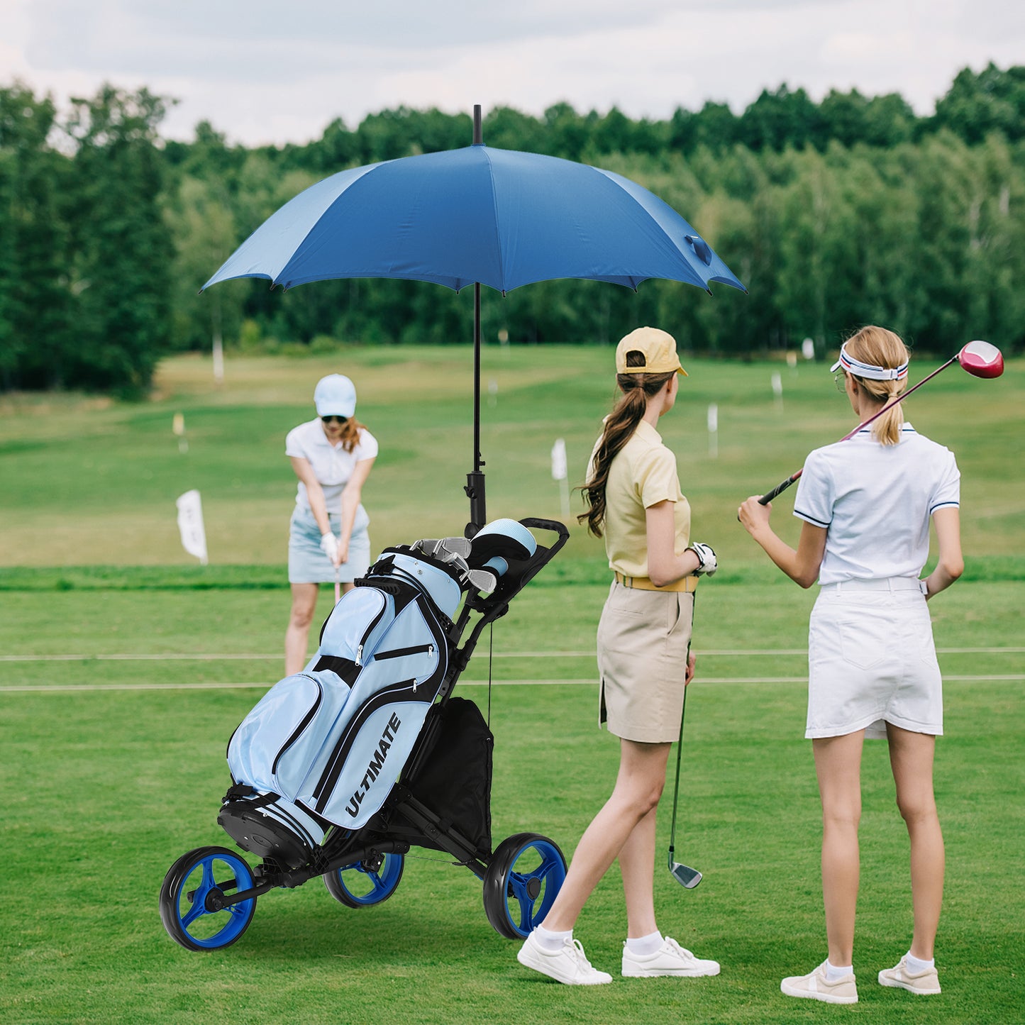 Folding 3 Wheels Golf Push Cart with Bag Scoreboard Adjustable Handle-Blue Kids Crystal