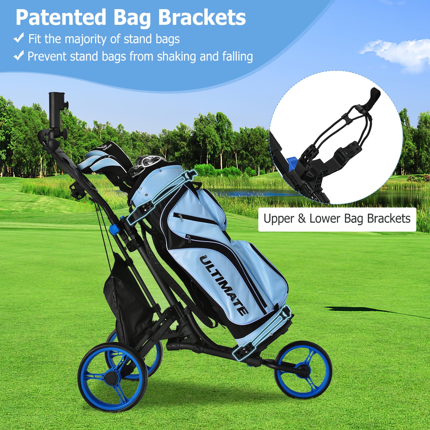 Folding 3 Wheels Golf Push Cart with Bag Scoreboard Adjustable Handle-Blue Kids Crystal
