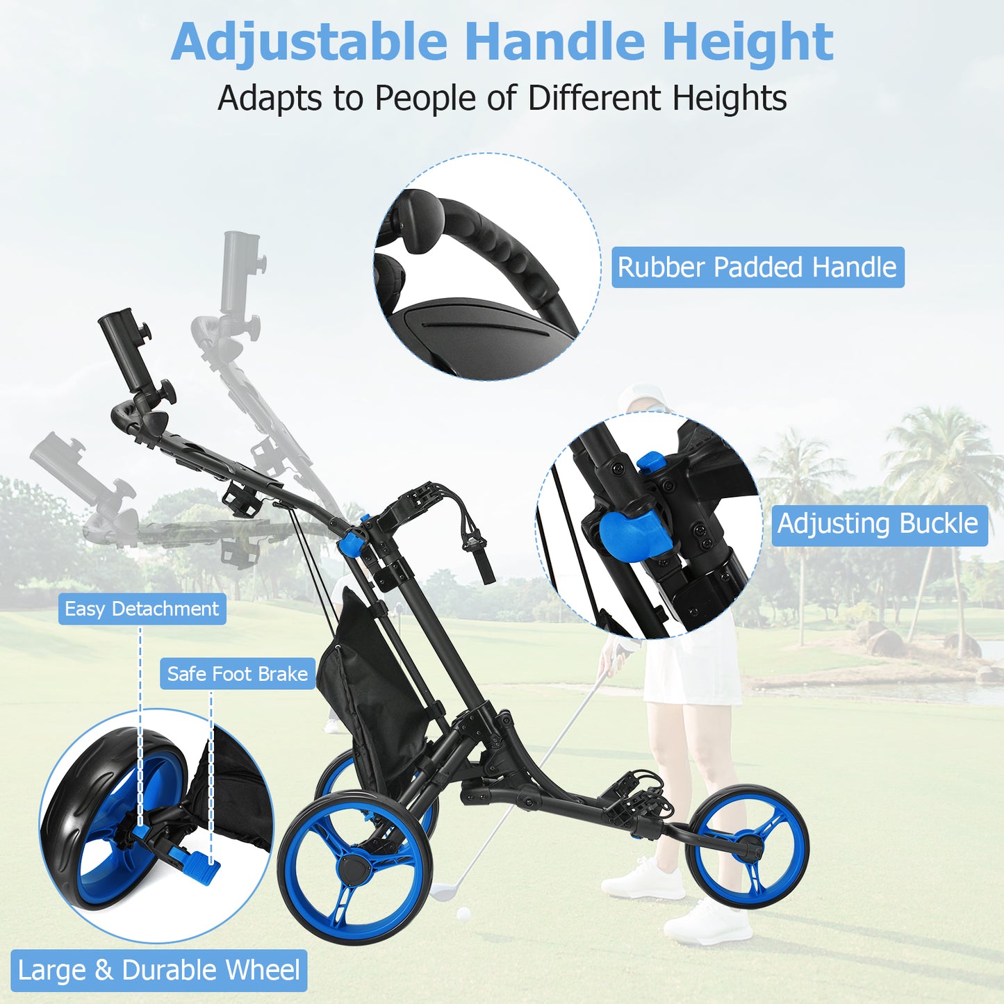 Folding 3 Wheels Golf Push Cart with Bag Scoreboard Adjustable Handle-Blue Kids Crystal