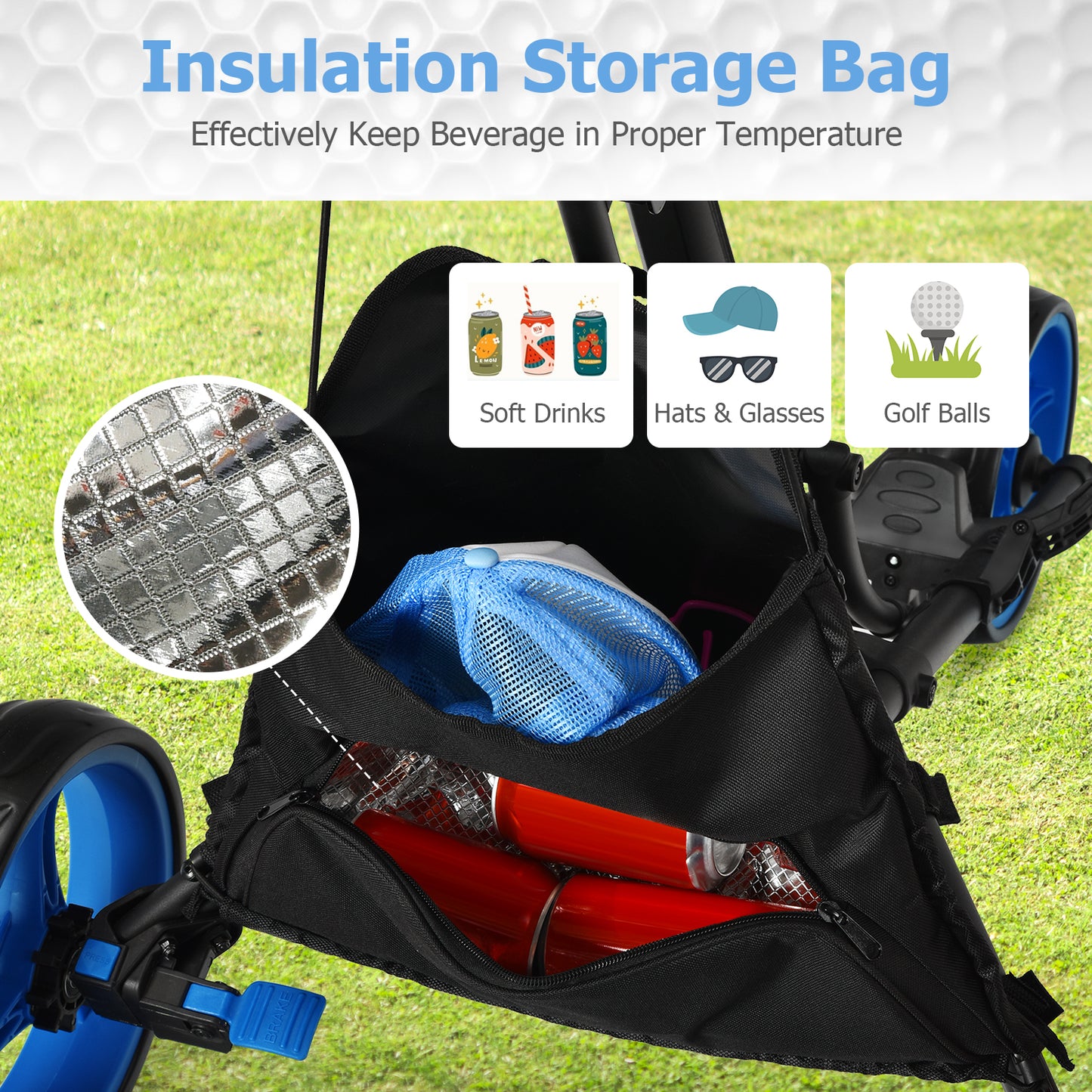 Folding 3 Wheels Golf Push Cart with Bag Scoreboard Adjustable Handle-Blue Kids Crystal