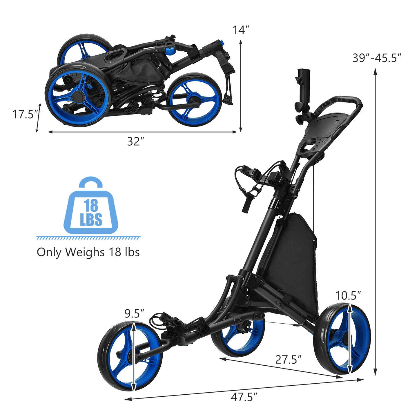 Folding 3 Wheels Golf Push Cart with Bag Scoreboard Adjustable Handle-Blue Kids Crystal