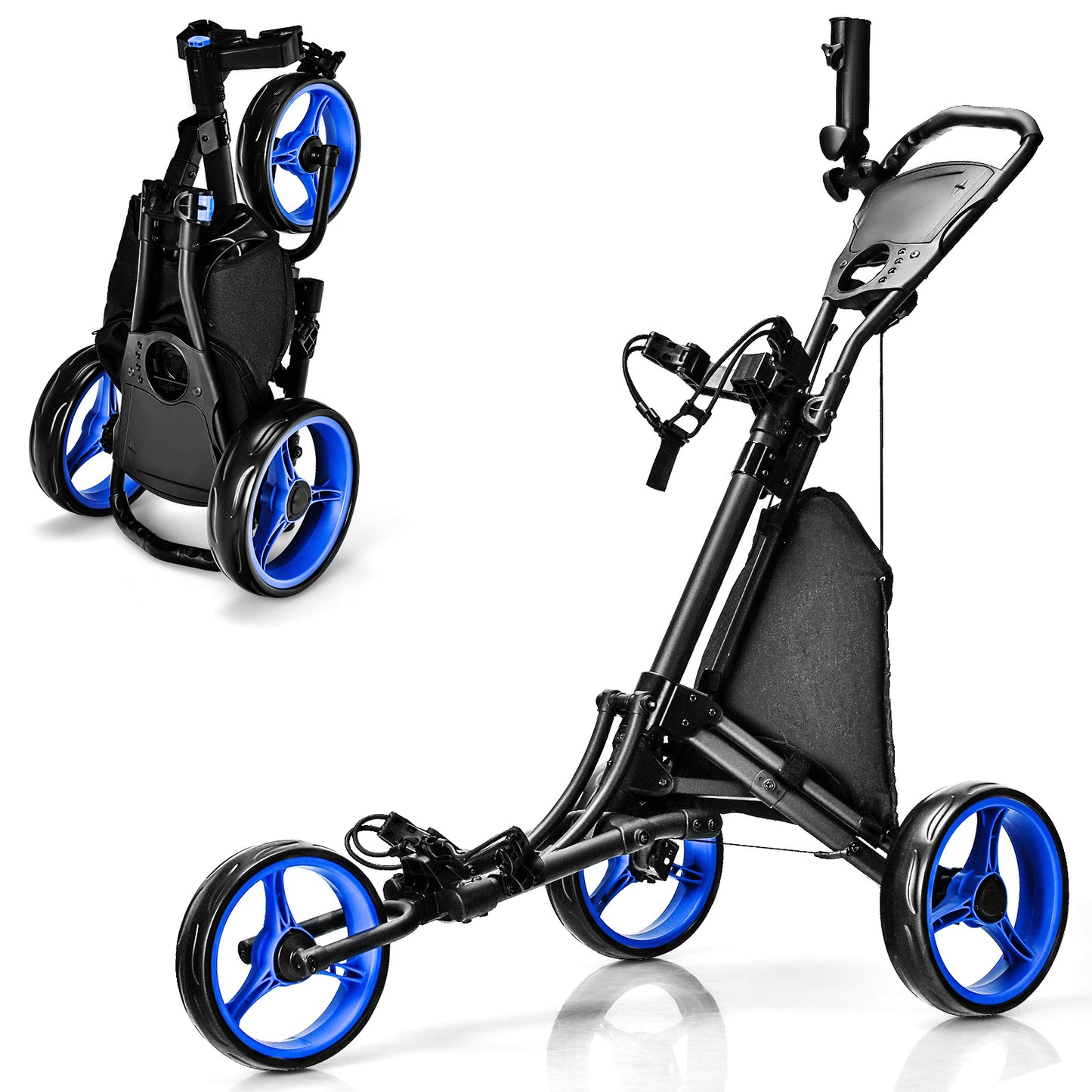 Folding 3 Wheels Golf Push Cart with Bag Scoreboard Adjustable Handle-Blue Kids Crystal