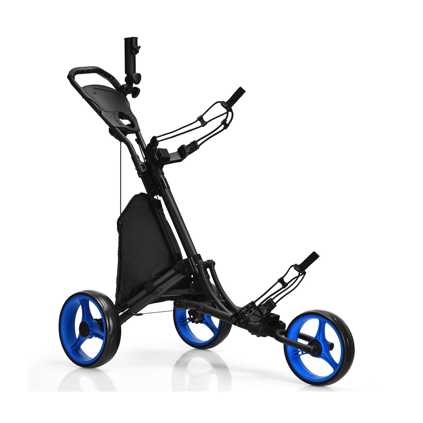 Folding 3 Wheels Golf Push Cart with Bag Scoreboard Adjustable Handle-Blue Kids Crystal