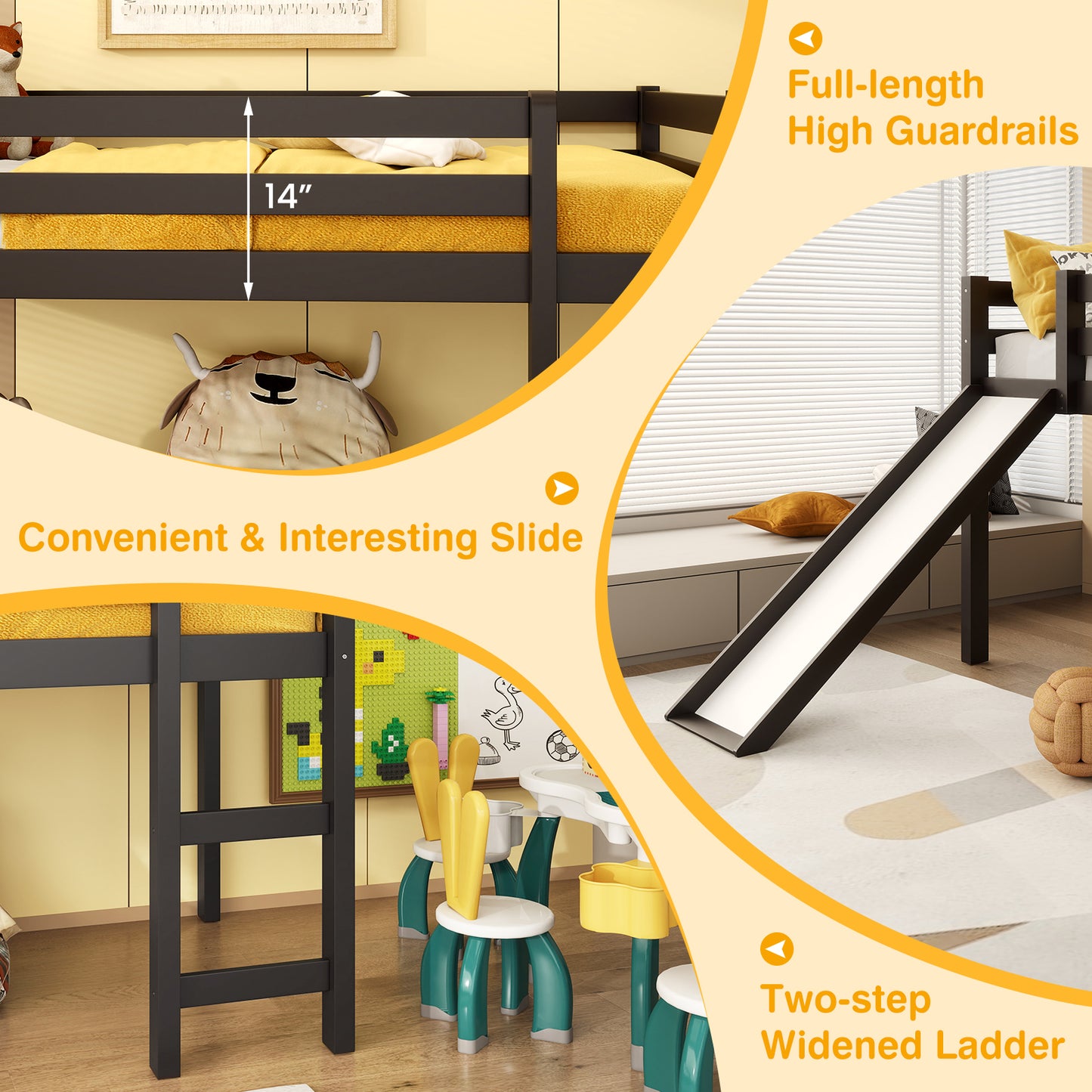 Twin Size Low Sturdy Loft Bed with Slide Wood -Dark Brown Kids Crystal