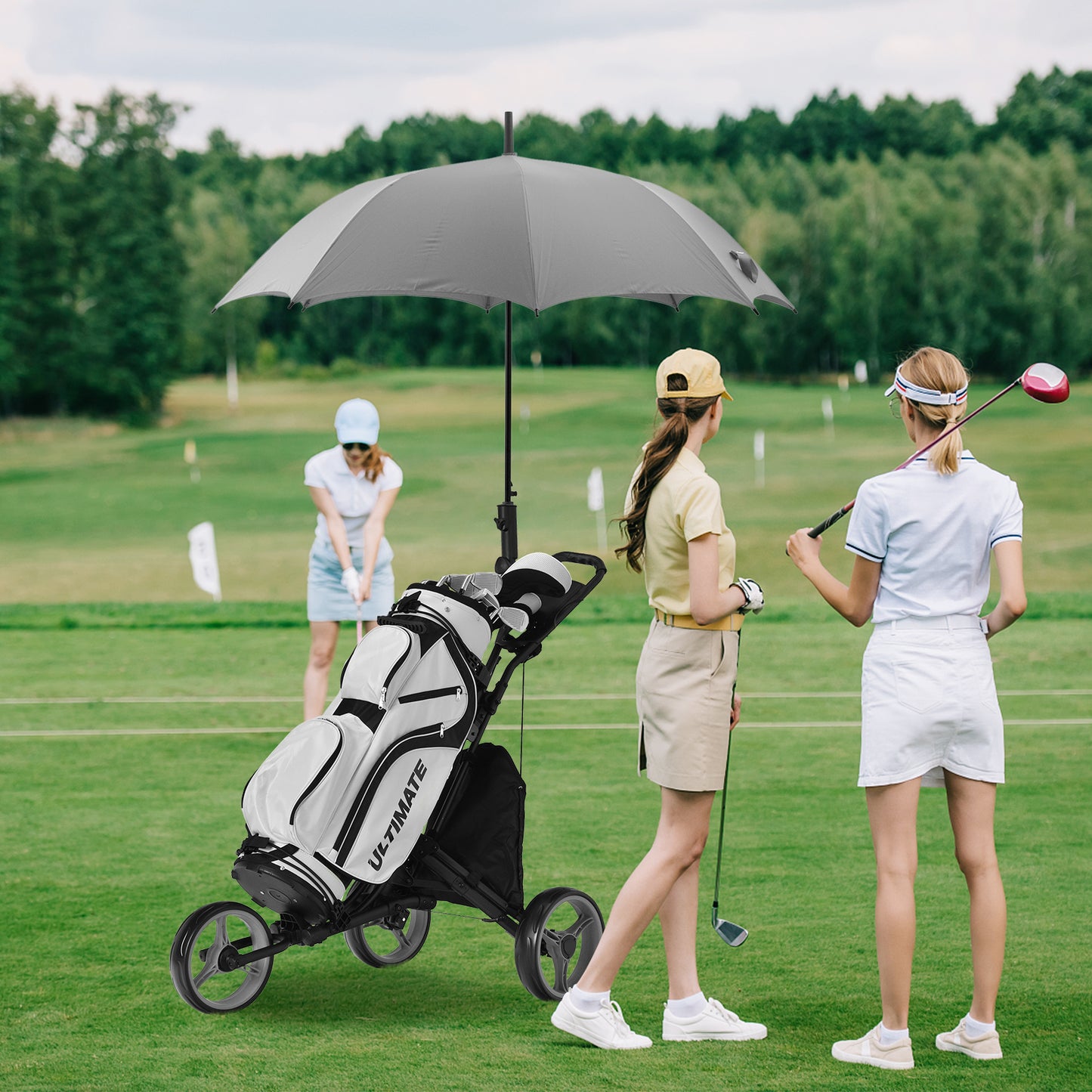 Folding 3 Wheels Golf Push Cart with Bag Scoreboard Adjustable Handle-Gray Kids Crystal