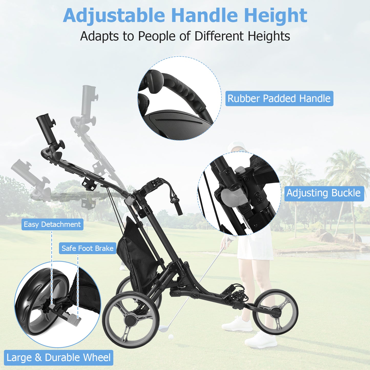 Folding 3 Wheels Golf Push Cart with Bag Scoreboard Adjustable Handle-Gray Kids Crystal