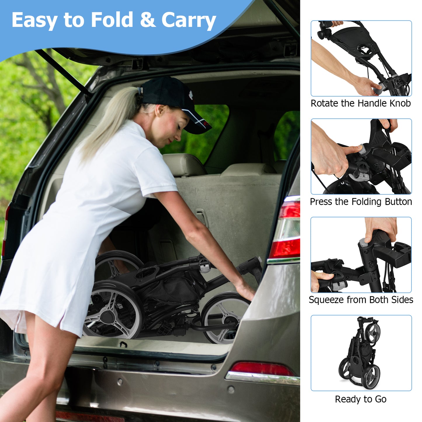 Folding 3 Wheels Golf Push Cart with Bag Scoreboard Adjustable Handle-Gray Kids Crystal