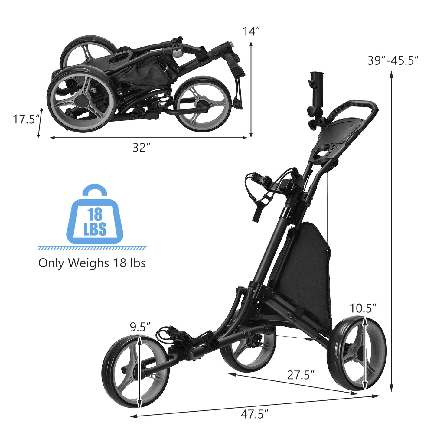 Folding 3 Wheels Golf Push Cart with Bag Scoreboard Adjustable Handle-Gray Kids Crystal
