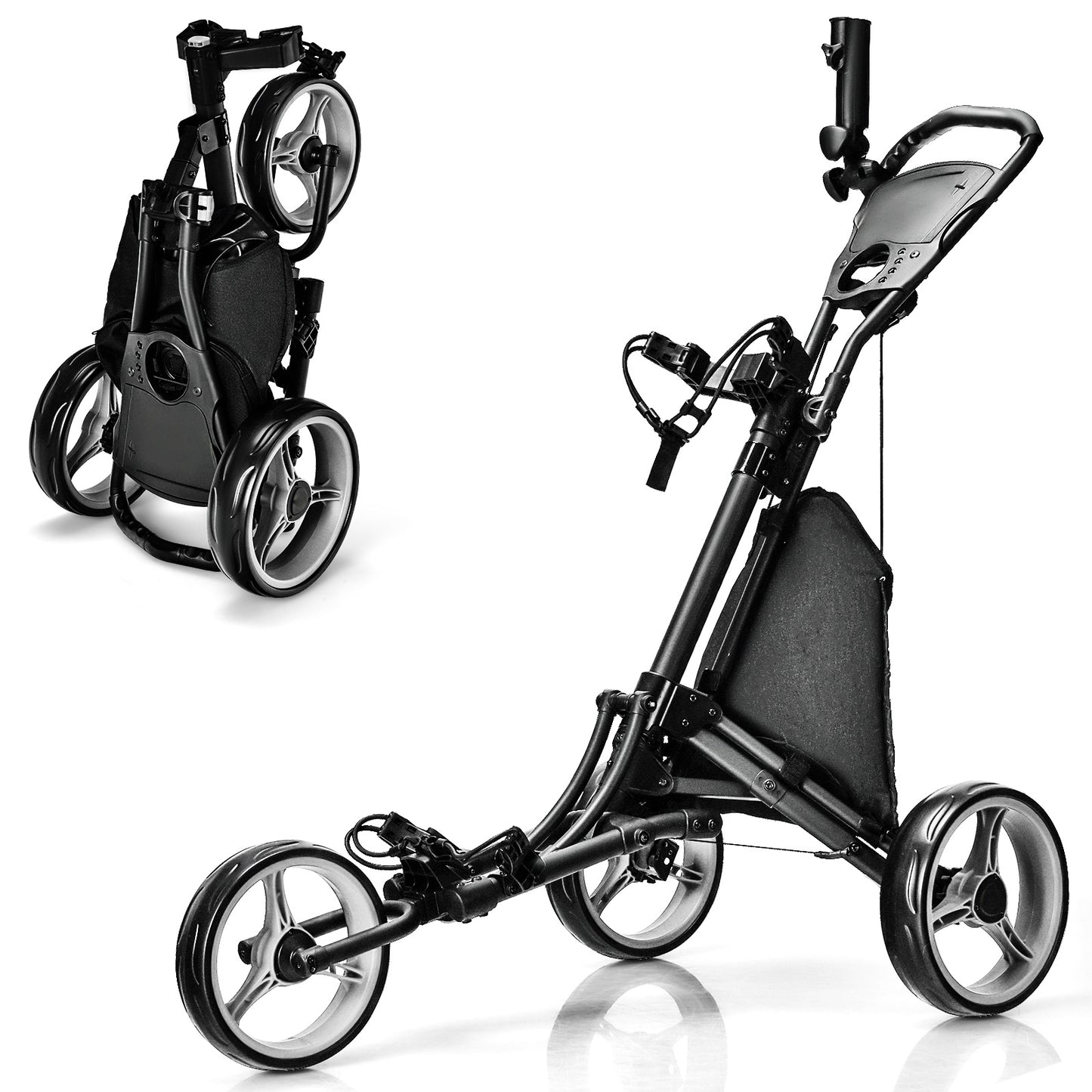 Folding 3 Wheels Golf Push Cart with Bag Scoreboard Adjustable Handle-Gray Kids Crystal
