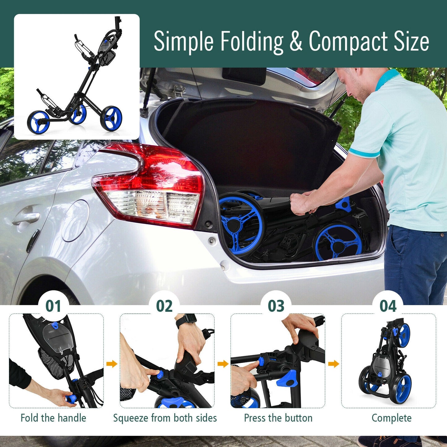 Folding 3 Wheels Golf Push Cart with Brake Scoreboard Adjustable Handle-Blue Kids Crystal