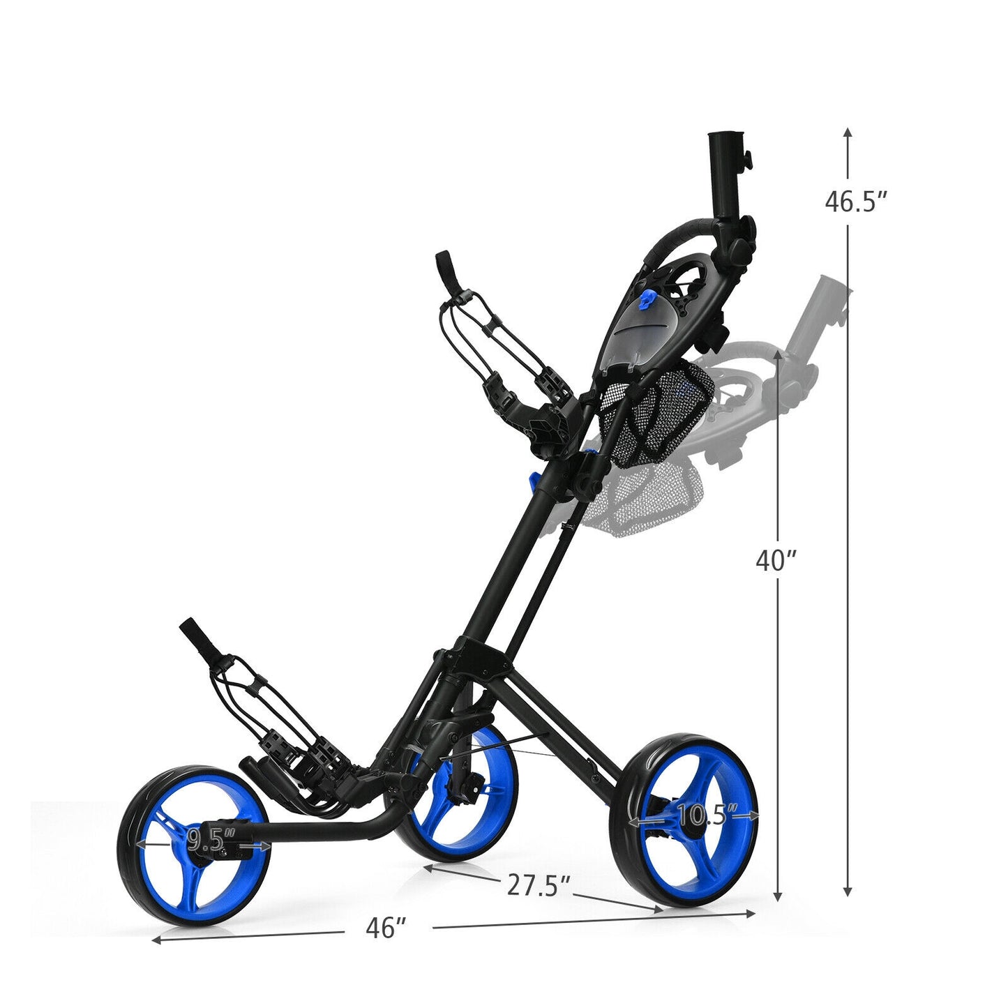 Folding 3 Wheels Golf Push Cart with Brake Scoreboard Adjustable Handle-Blue Kids Crystal