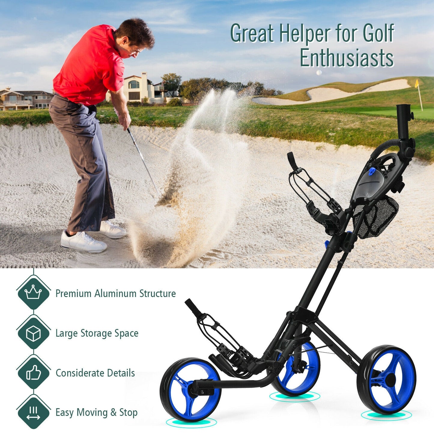 Folding 3 Wheels Golf Push Cart with Brake Scoreboard Adjustable Handle-Blue Kids Crystal
