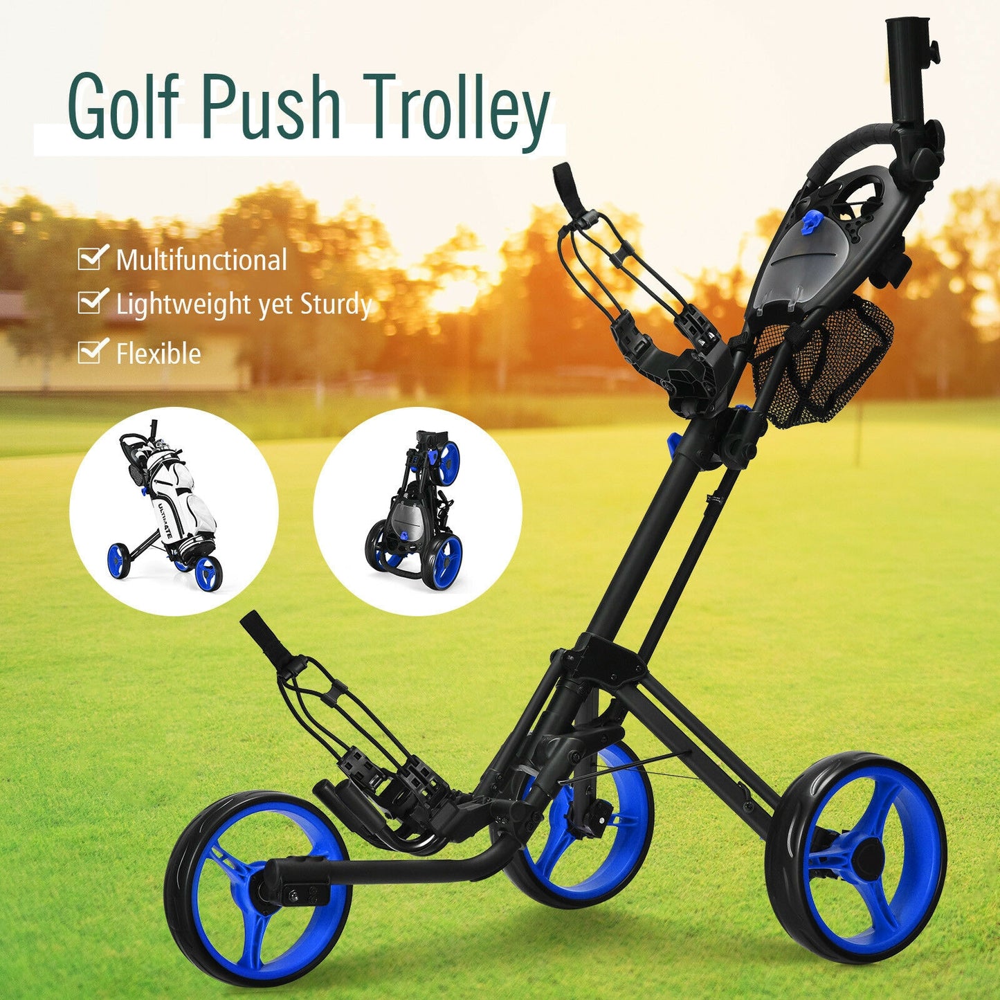 Folding 3 Wheels Golf Push Cart with Brake Scoreboard Adjustable Handle-Blue Kids Crystal