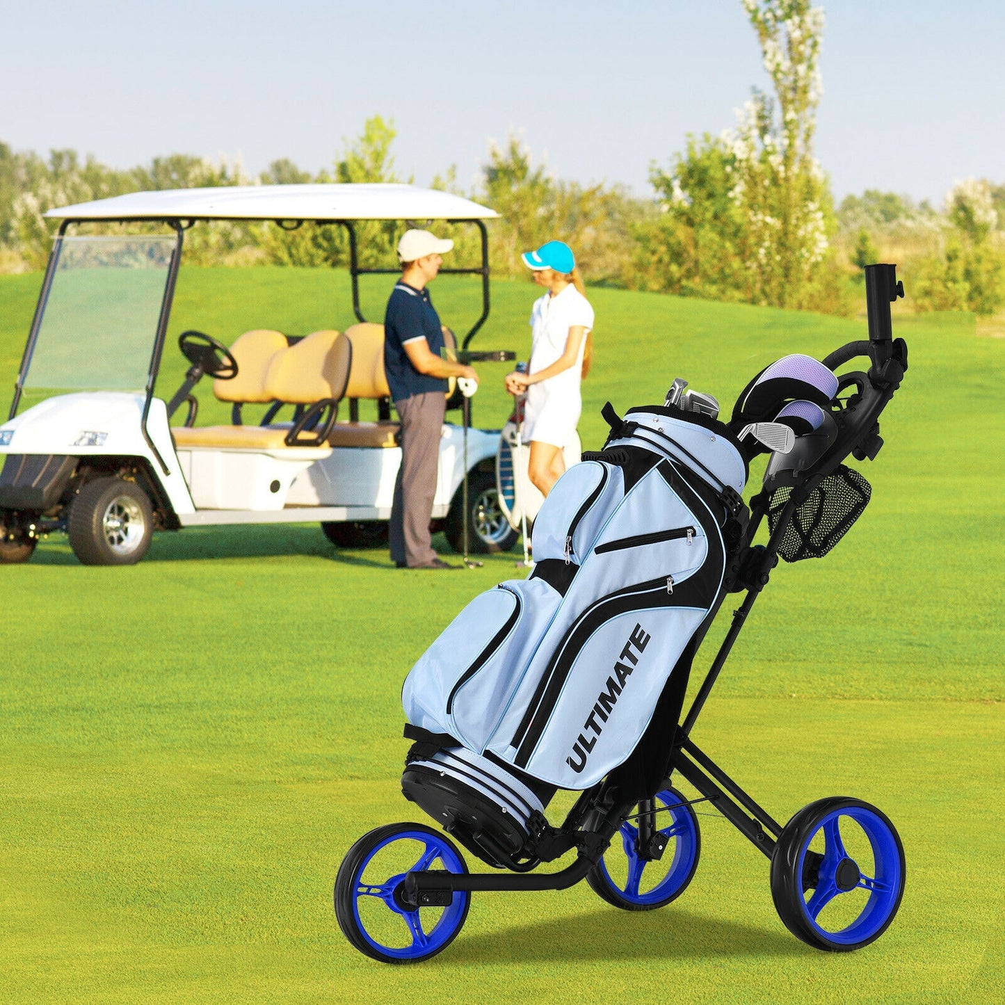Folding 3 Wheels Golf Push Cart with Brake Scoreboard Adjustable Handle-Blue Kids Crystal