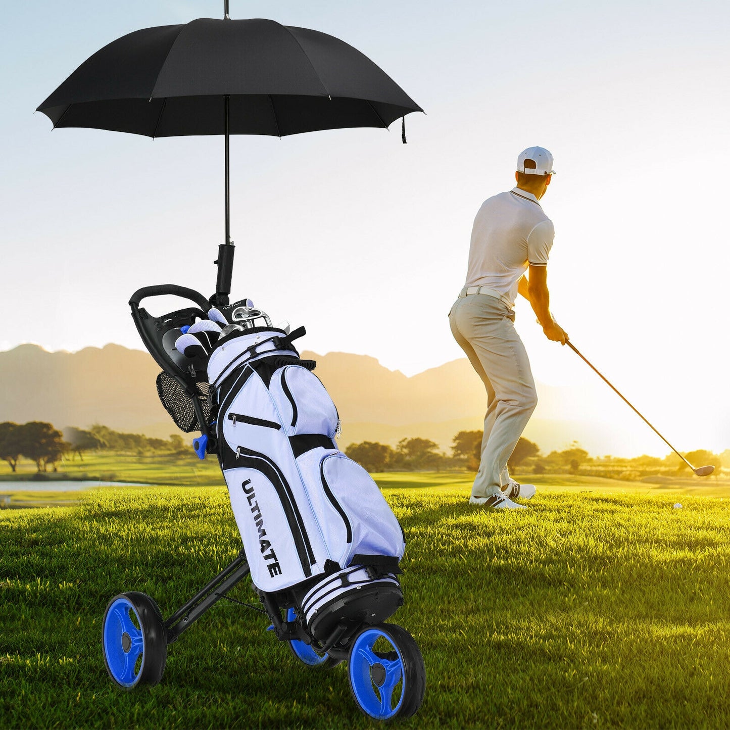 Folding 3 Wheels Golf Push Cart with Brake Scoreboard Adjustable Handle-Blue Kids Crystal