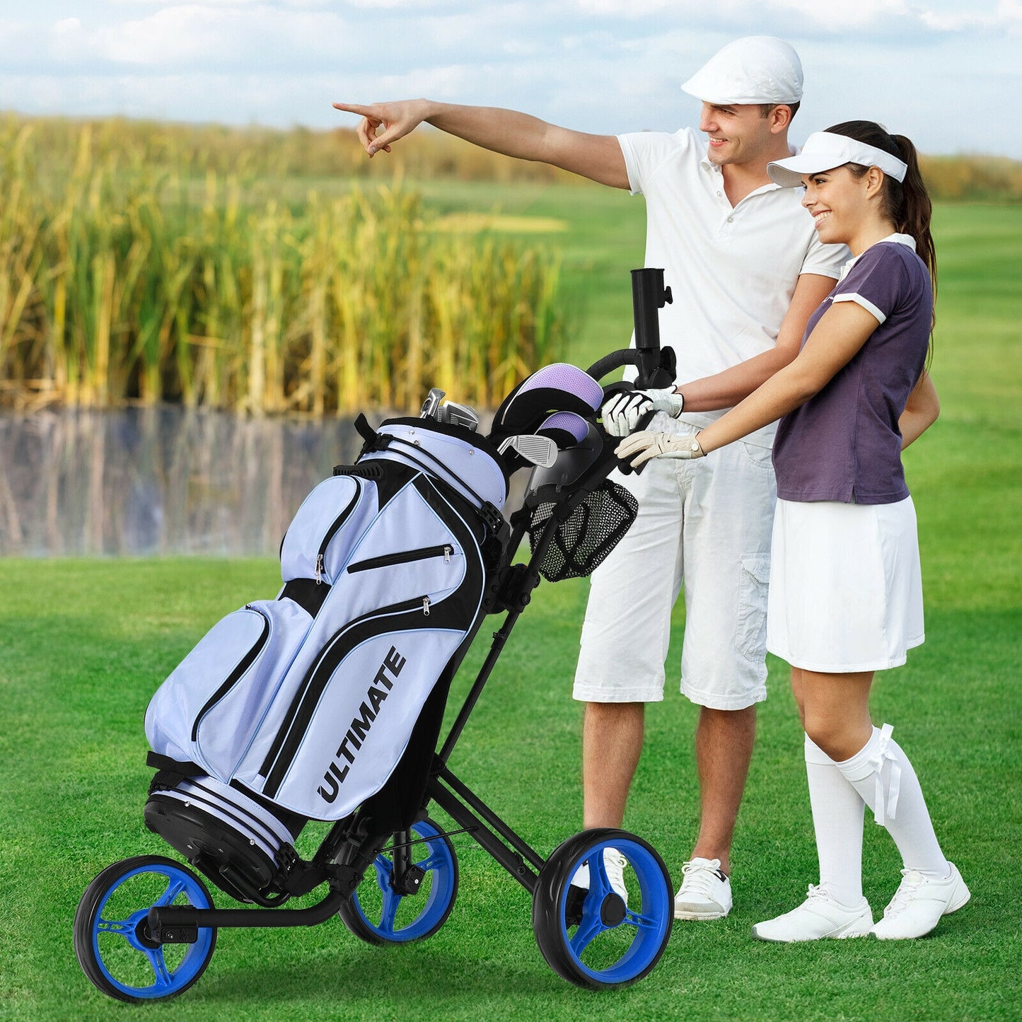 Folding 3 Wheels Golf Push Cart with Brake Scoreboard Adjustable Handle-Blue Kids Crystal