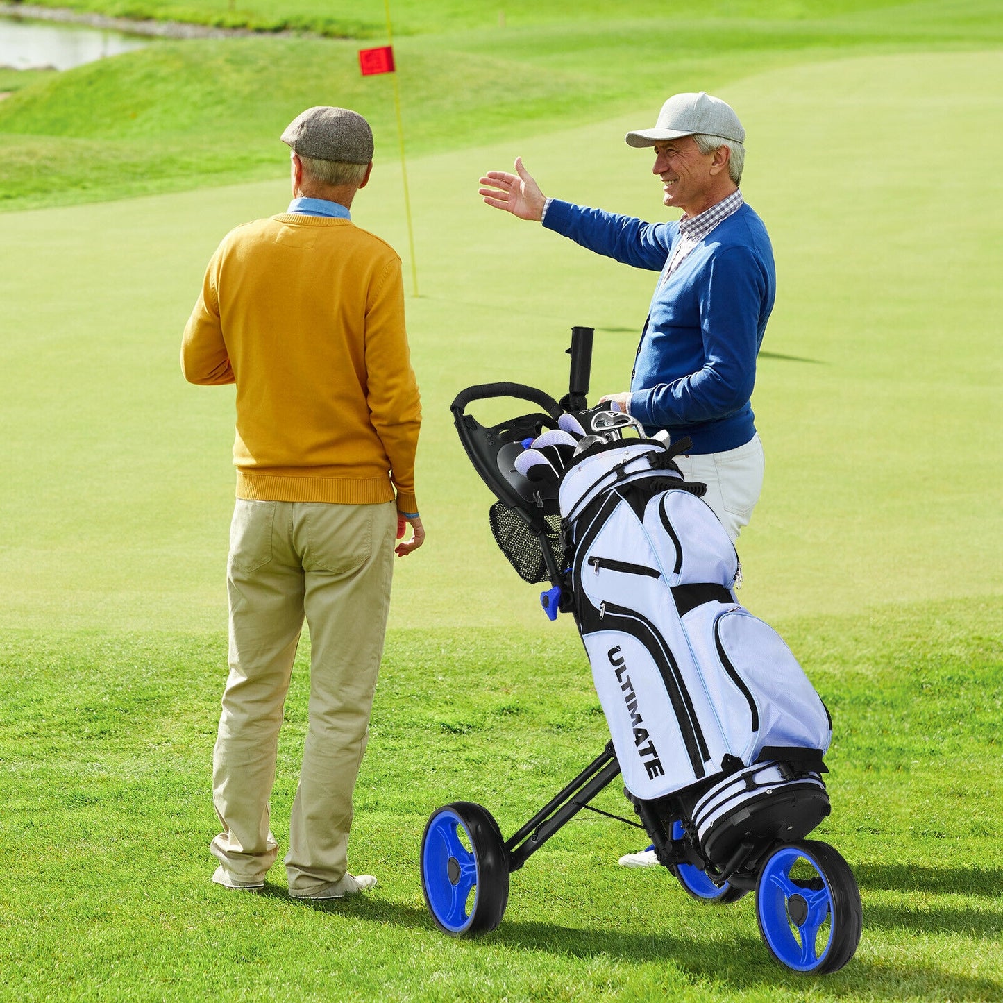 Folding 3 Wheels Golf Push Cart with Brake Scoreboard Adjustable Handle-Blue Kids Crystal