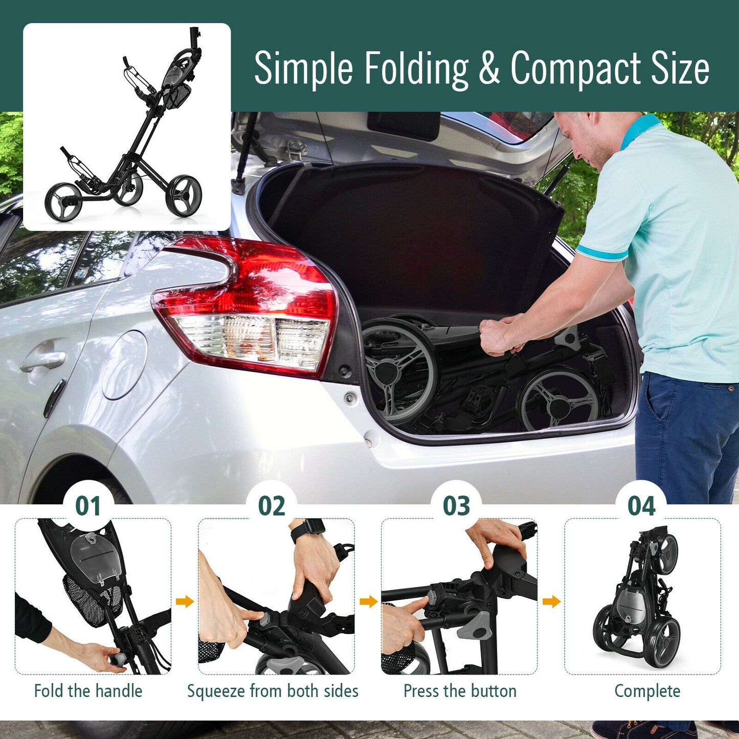 Folding 3 Wheels Golf Push Cart with Brake Scoreboard Adjustable Handle-Gray Kids Crystal