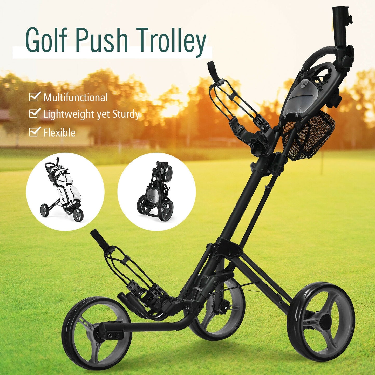 Folding 3 Wheels Golf Push Cart with Brake Scoreboard Adjustable Handle-Gray Kids Crystal