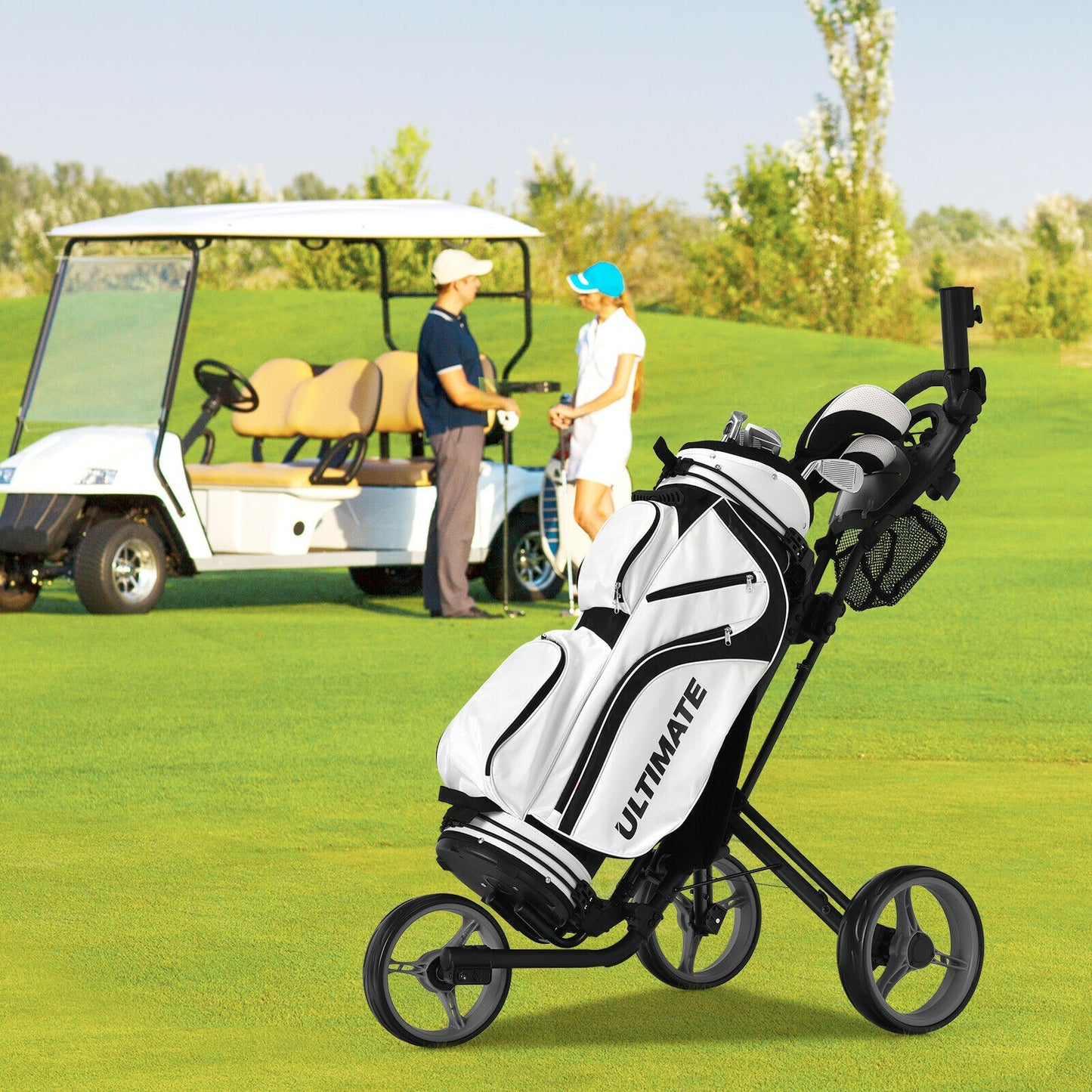 Folding 3 Wheels Golf Push Cart with Brake Scoreboard Adjustable Handle-Gray Kids Crystal