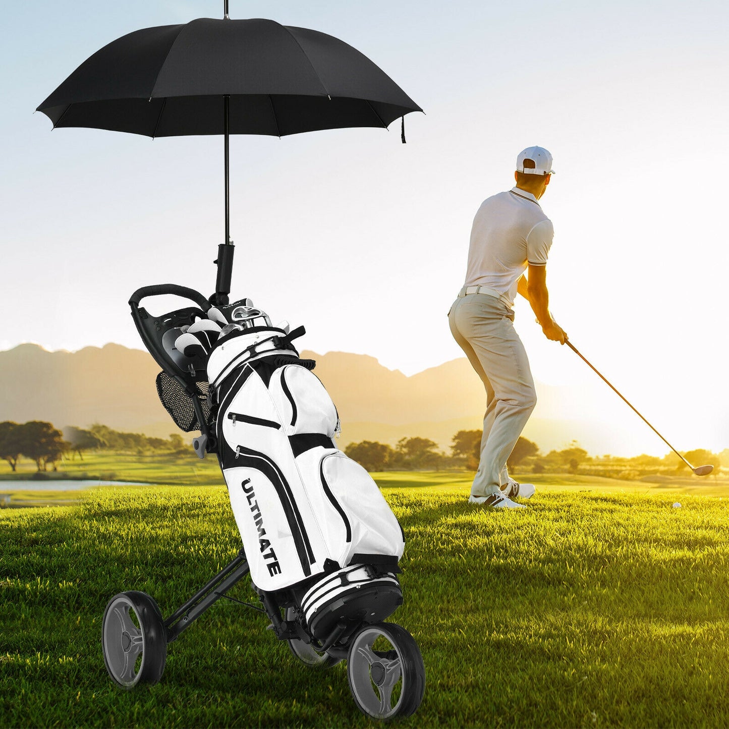 Folding 3 Wheels Golf Push Cart with Brake Scoreboard Adjustable Handle-Gray Kids Crystal