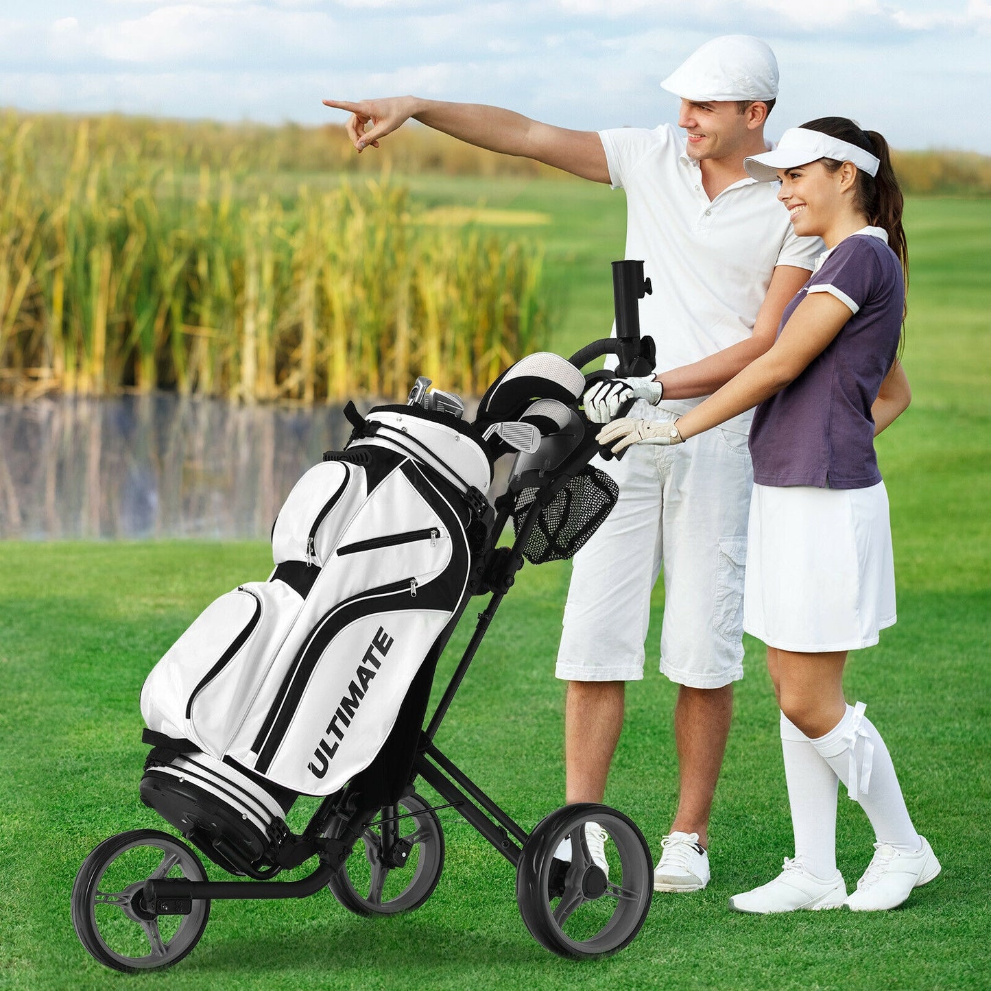 Folding 3 Wheels Golf Push Cart with Brake Scoreboard Adjustable Handle-Gray Kids Crystal