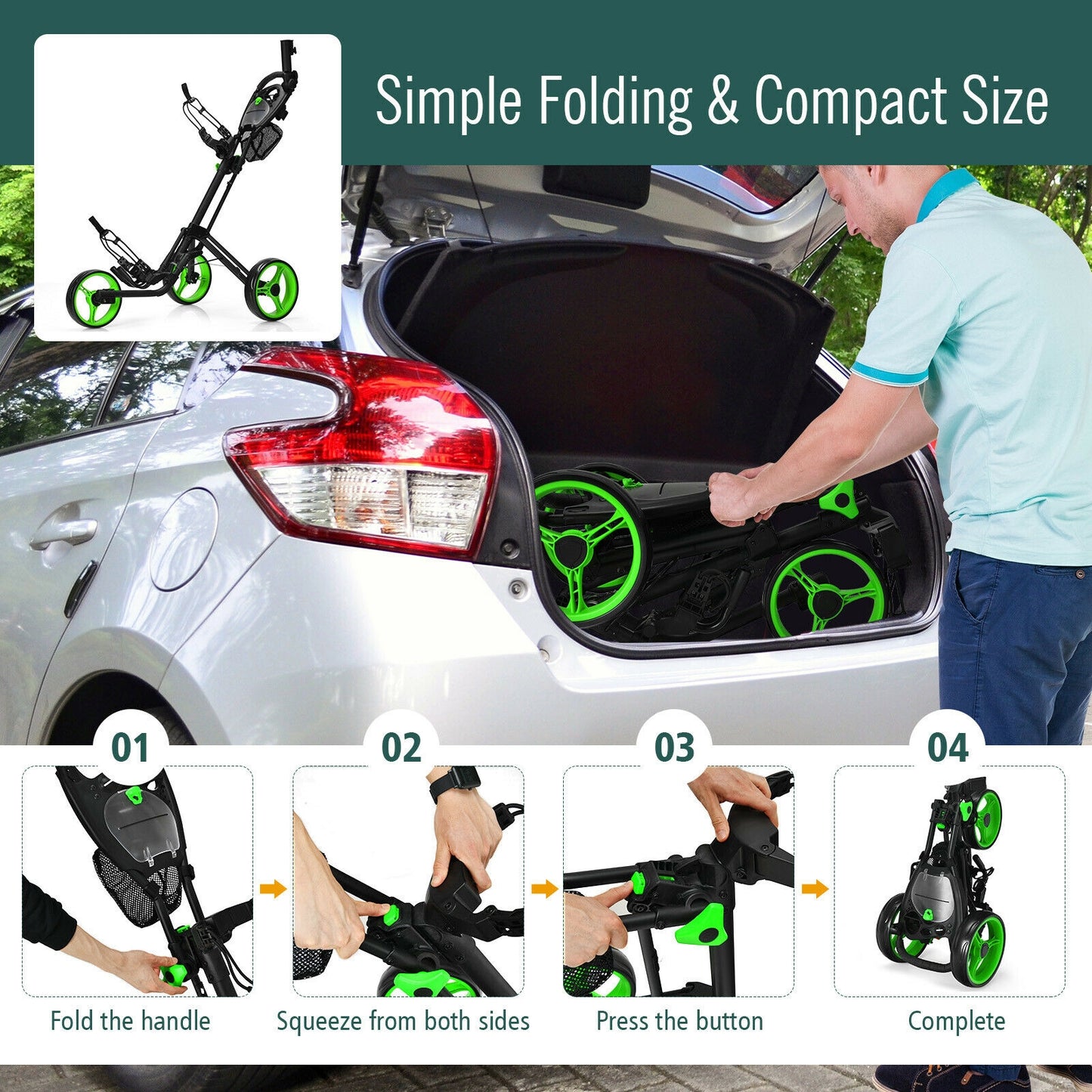 Folding 3 Wheels Golf Push Cart with Brake Scoreboard Adjustable Handle-Green Kids Crystal