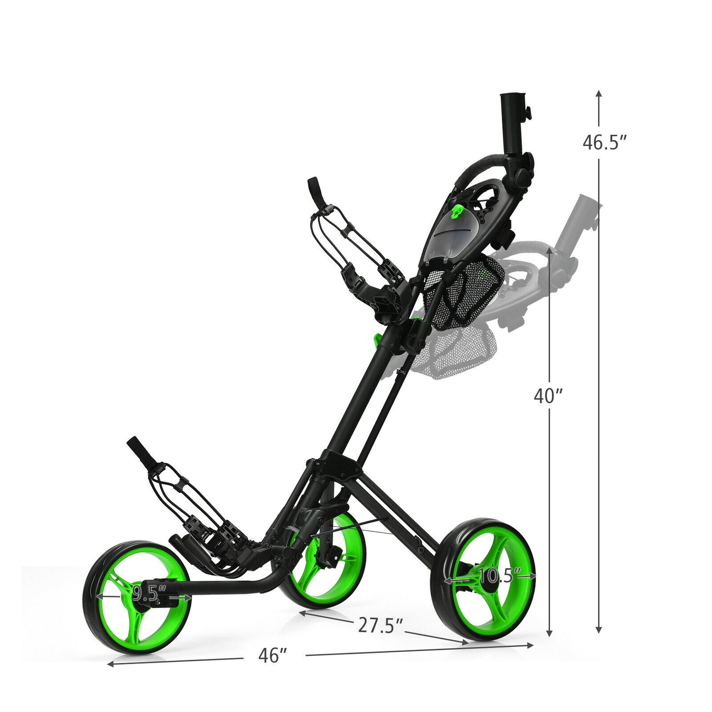 Folding 3 Wheels Golf Push Cart with Brake Scoreboard Adjustable Handle-Green Kids Crystal