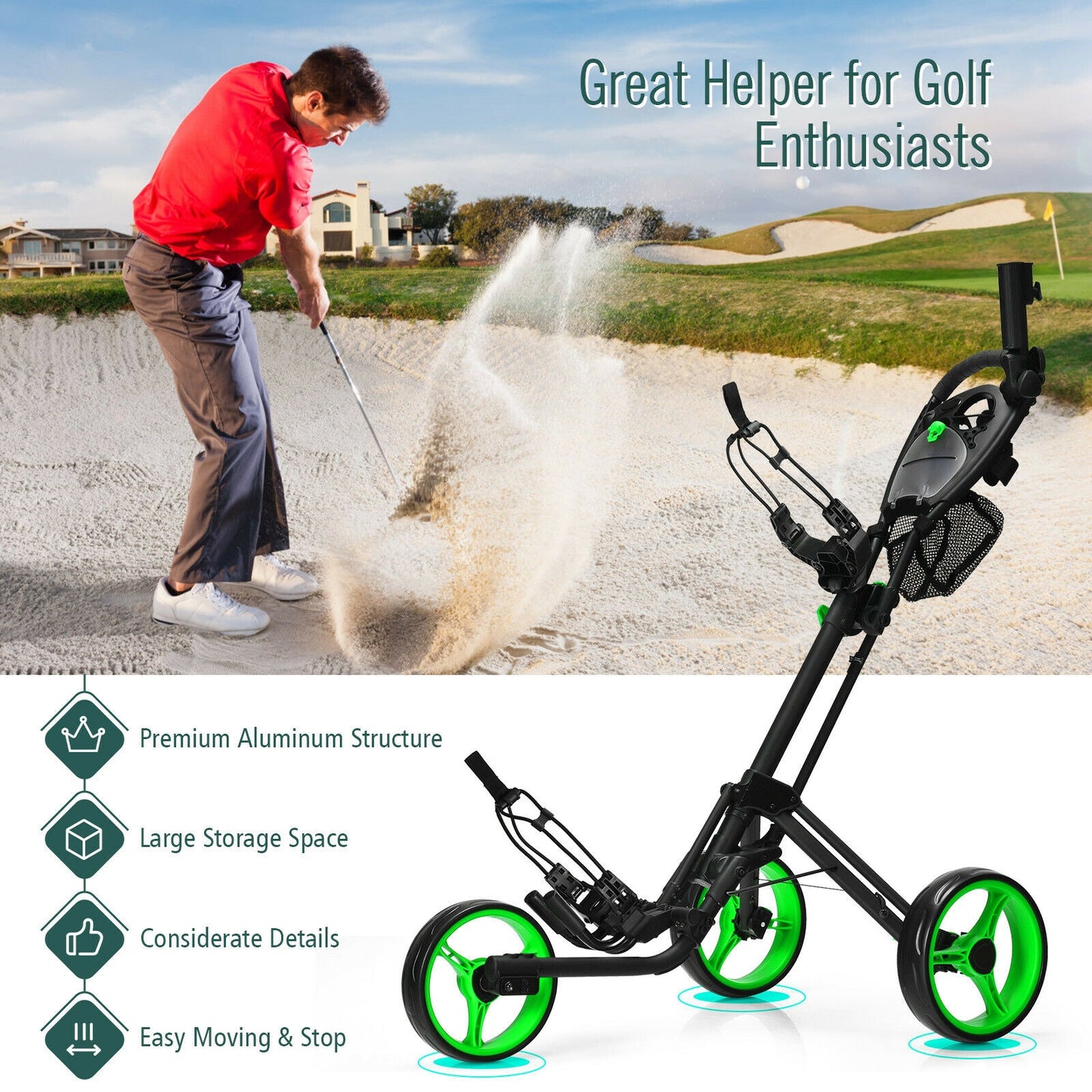 Folding 3 Wheels Golf Push Cart with Brake Scoreboard Adjustable Handle-Green Kids Crystal