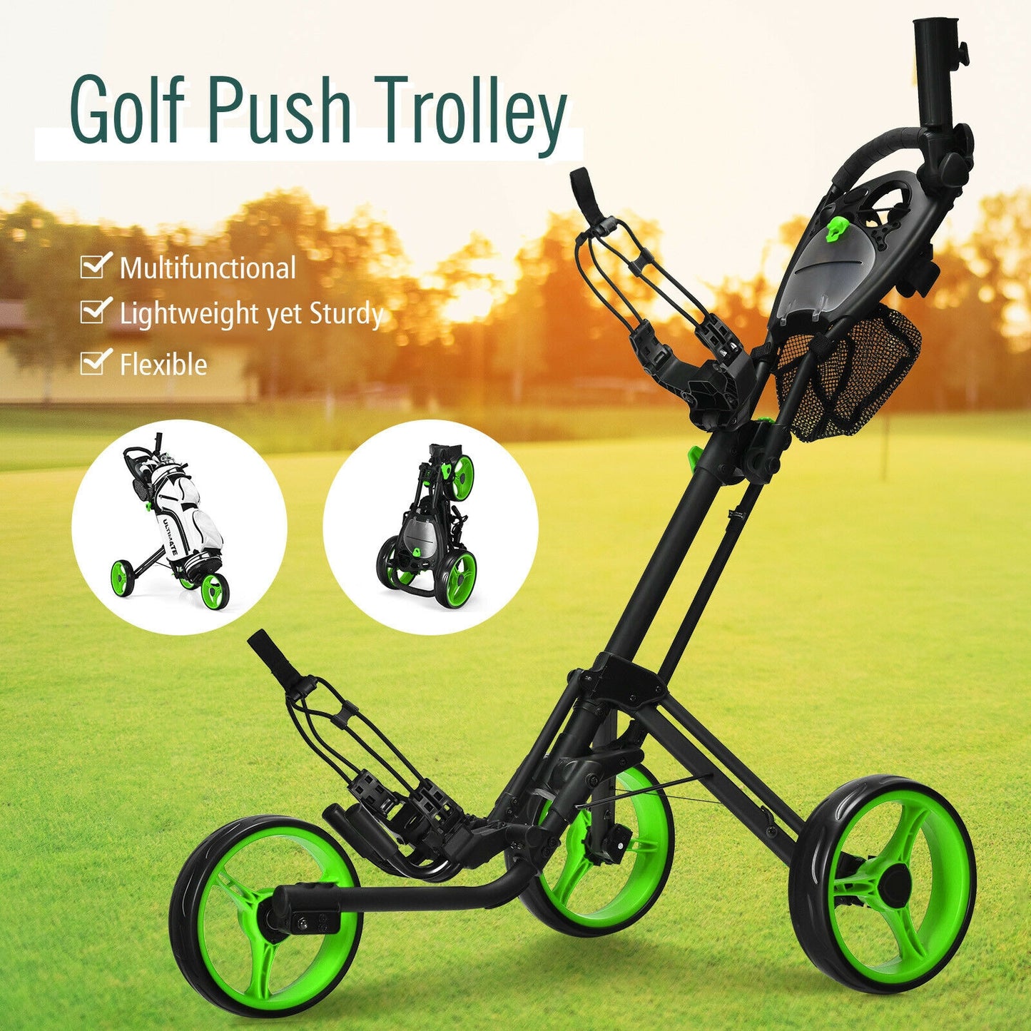 Folding 3 Wheels Golf Push Cart with Brake Scoreboard Adjustable Handle-Green Kids Crystal