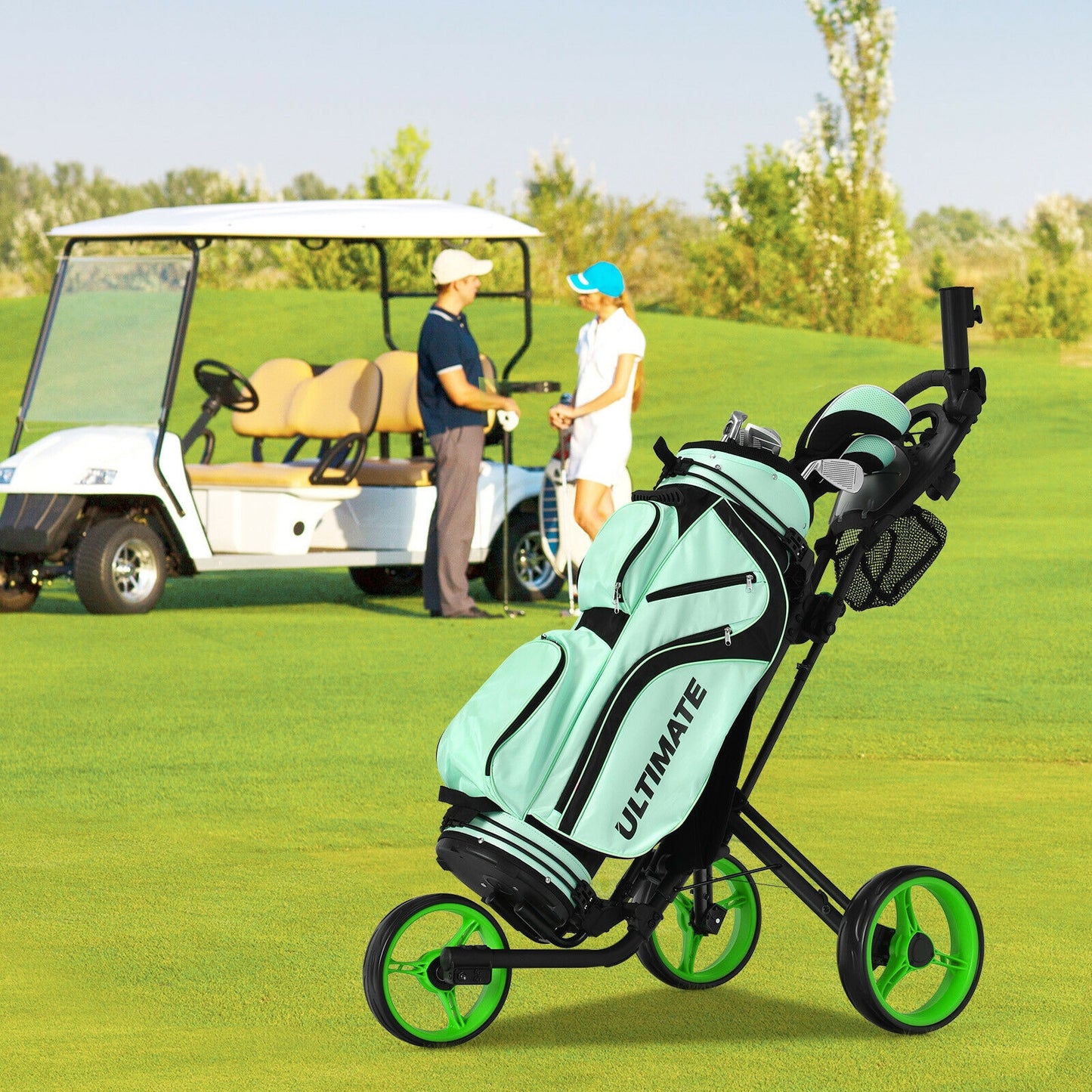 Folding 3 Wheels Golf Push Cart with Brake Scoreboard Adjustable Handle-Green Kids Crystal