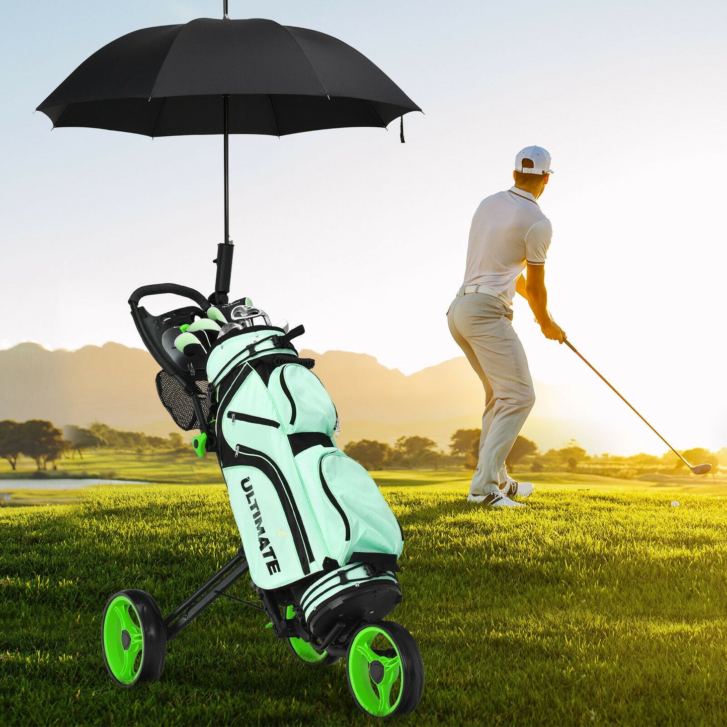 Folding 3 Wheels Golf Push Cart with Brake Scoreboard Adjustable Handle-Green Kids Crystal