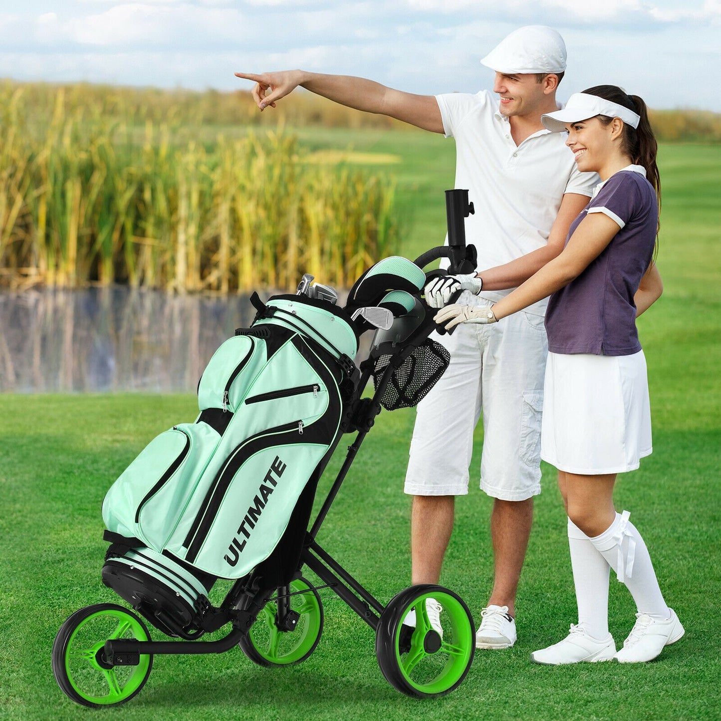 Folding 3 Wheels Golf Push Cart with Brake Scoreboard Adjustable Handle-Green Kids Crystal