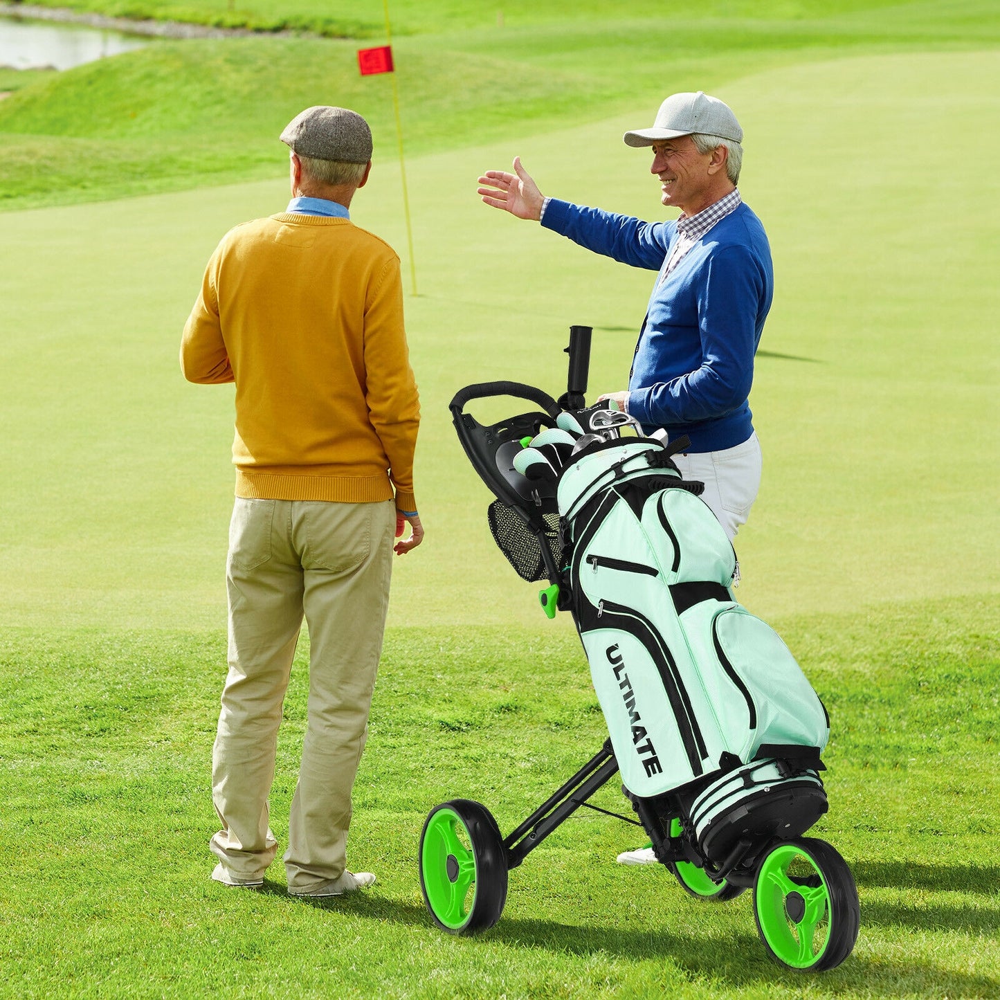 Folding 3 Wheels Golf Push Cart with Brake Scoreboard Adjustable Handle-Green Kids Crystal