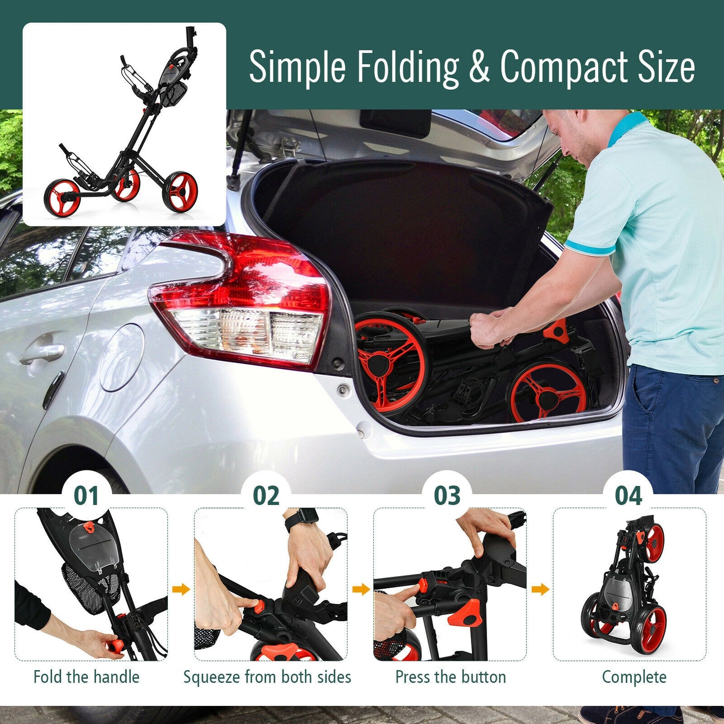 Folding 3 Wheels Golf Push Cart with Brake Scoreboard Adjustable Handle-Red Kids Crystal