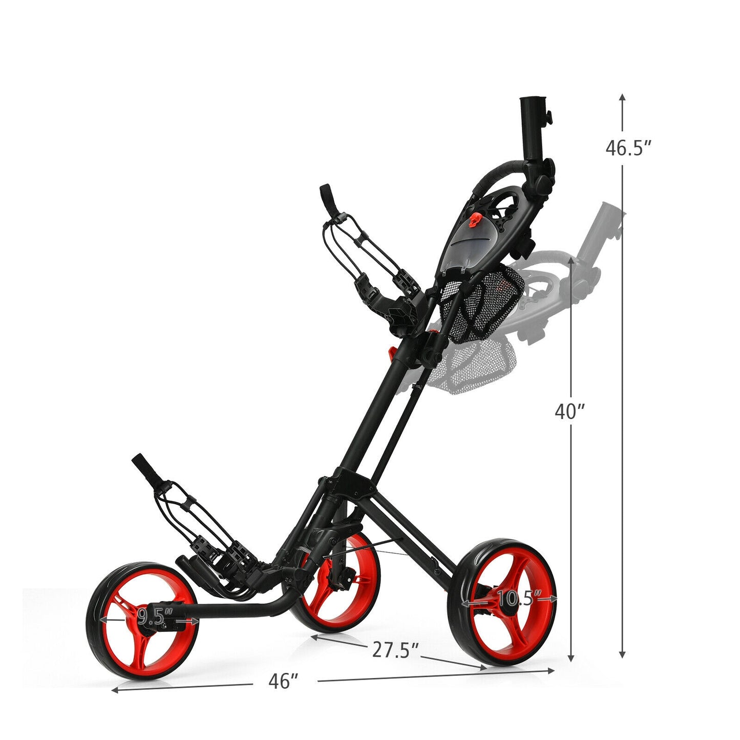 Folding 3 Wheels Golf Push Cart with Brake Scoreboard Adjustable Handle-Red Kids Crystal