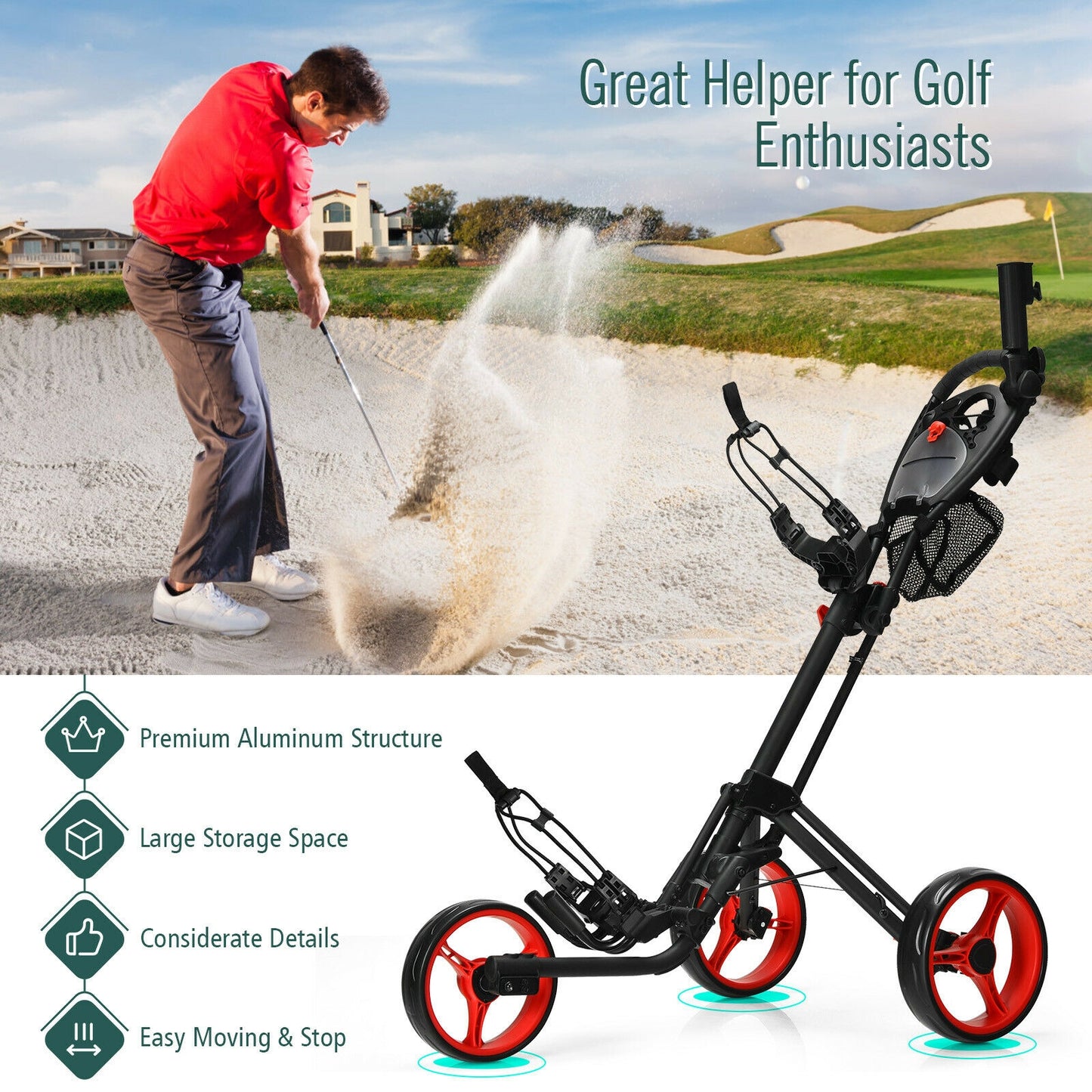 Folding 3 Wheels Golf Push Cart with Brake Scoreboard Adjustable Handle-Red Kids Crystal