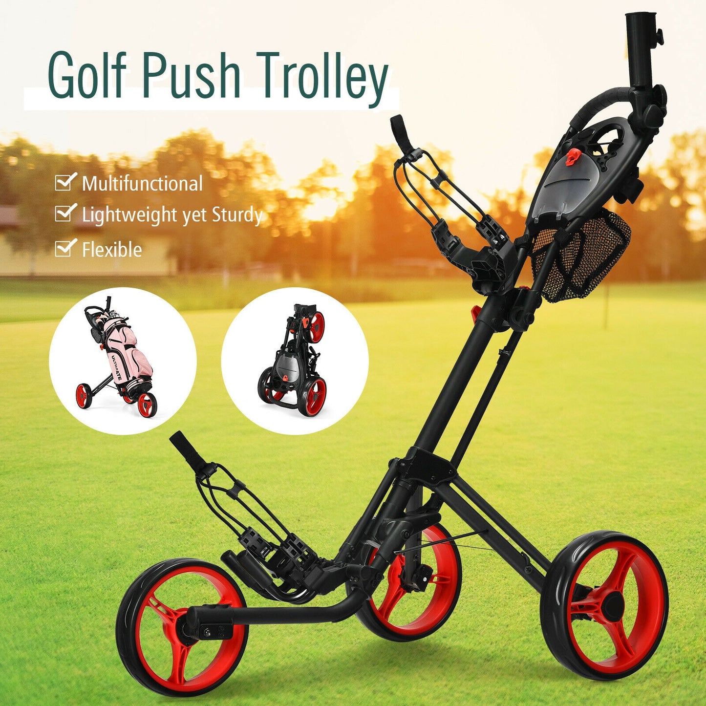 Folding 3 Wheels Golf Push Cart with Brake Scoreboard Adjustable Handle-Red Kids Crystal
