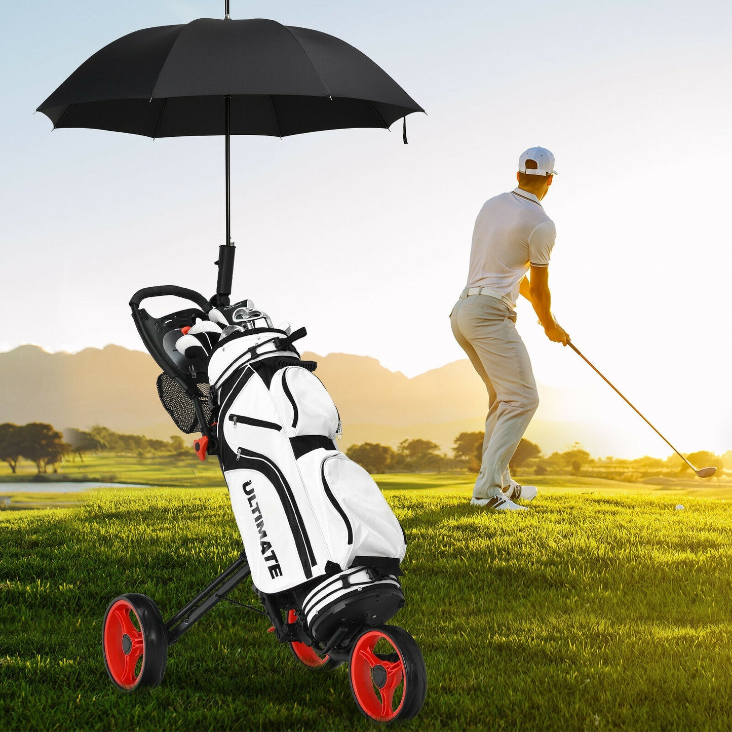 Folding 3 Wheels Golf Push Cart with Brake Scoreboard Adjustable Handle-Red Kids Crystal