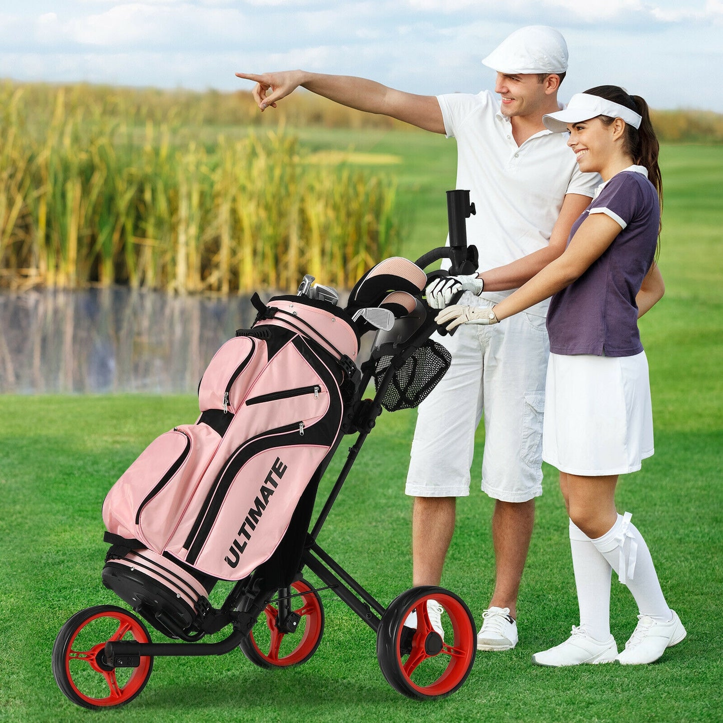 Folding 3 Wheels Golf Push Cart with Brake Scoreboard Adjustable Handle-Red Kids Crystal