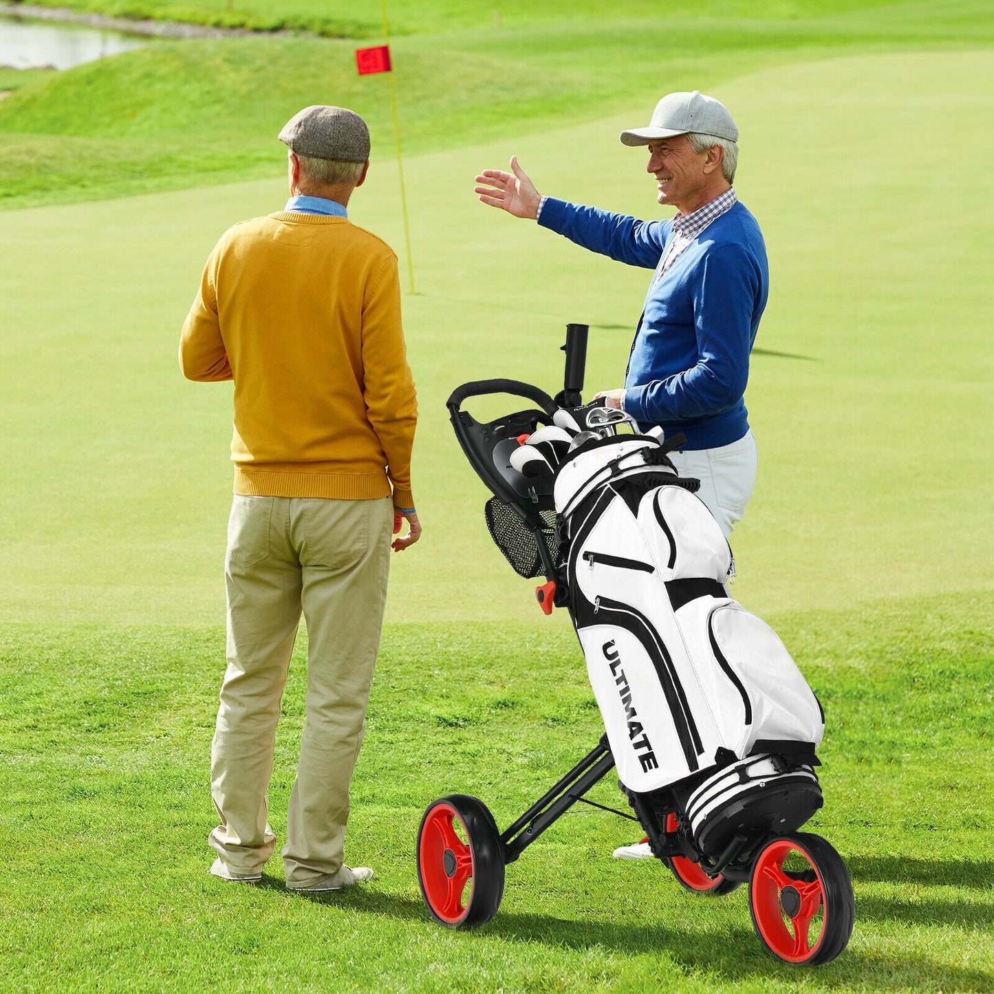 Folding 3 Wheels Golf Push Cart with Brake Scoreboard Adjustable Handle-Red Kids Crystal