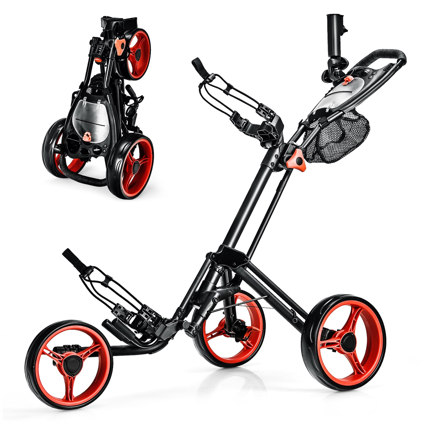 Folding 3 Wheels Golf Push Cart with Brake Scoreboard Adjustable Handle-Red Kids Crystal