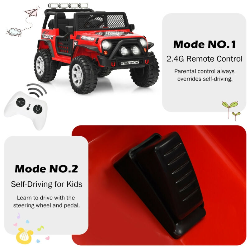 12V Kids Remote Control Electric Ride On Truck Car with Lights and Music-Red Kids Crystal