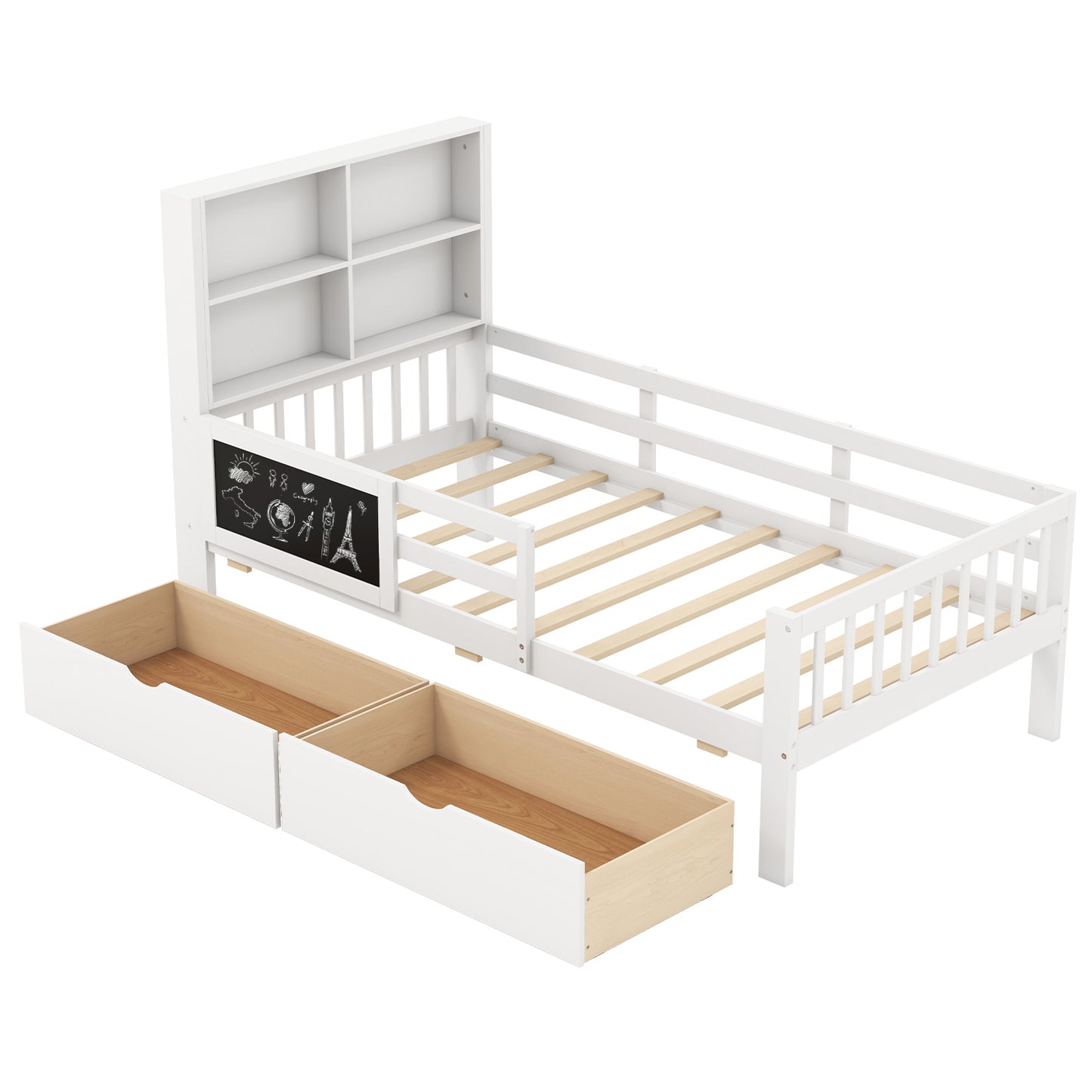 Twin/Full Size Bed Frame with 2 Drawers and Bookcase for Boys and Girls-Twin Size Kids Crystal